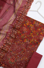 Bin Saeed Embroidered Cotton Unstitched 3 Piece Suit - Design-07 - BS25MDS - Red - Mid Summer Collection