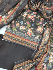 Bin Saeed Digital Printed Cotton Cambric Unstitched 3 Piece Suit - Design-7 - BS25DCC - Black - Summer Collection