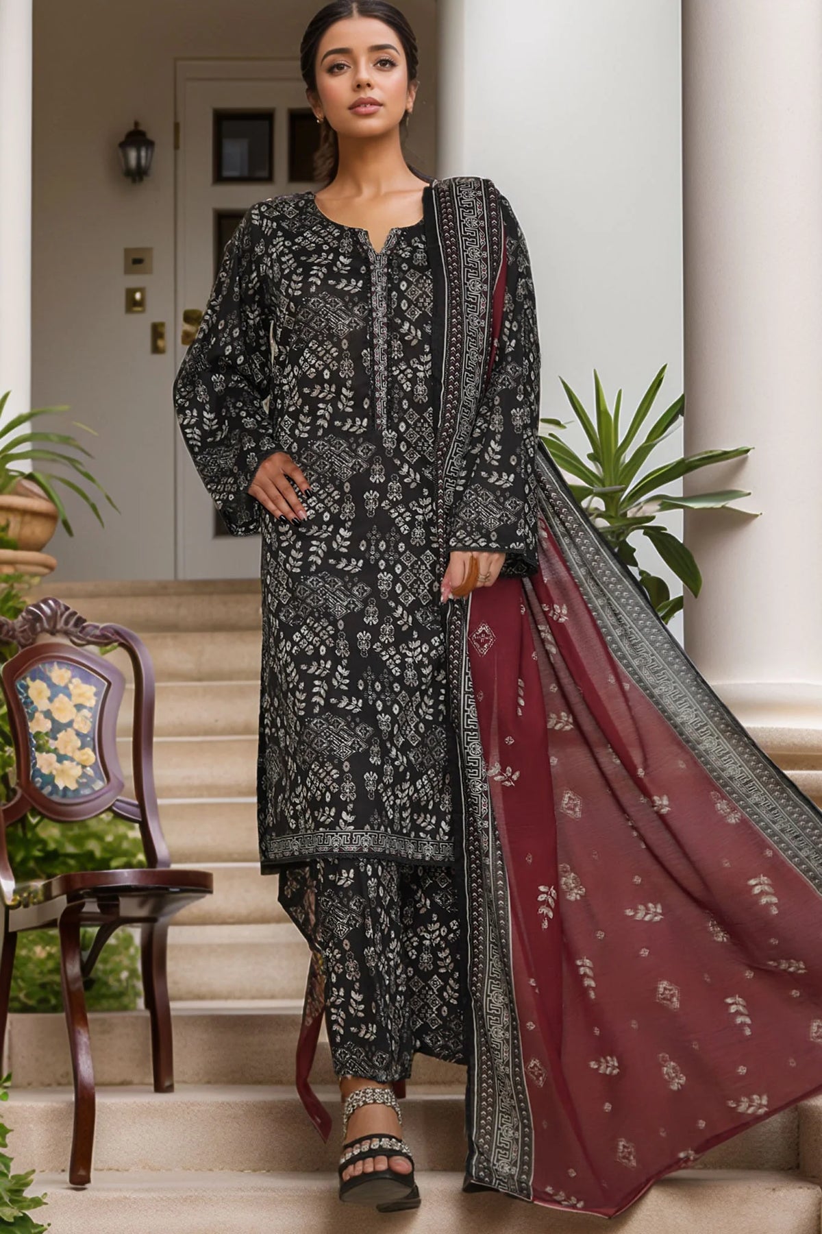 Bin Saeed Stitched 3 Piece Exc Printed Lawn Vol-05 Drop-02 Collection'2025-NSM-2342-Black