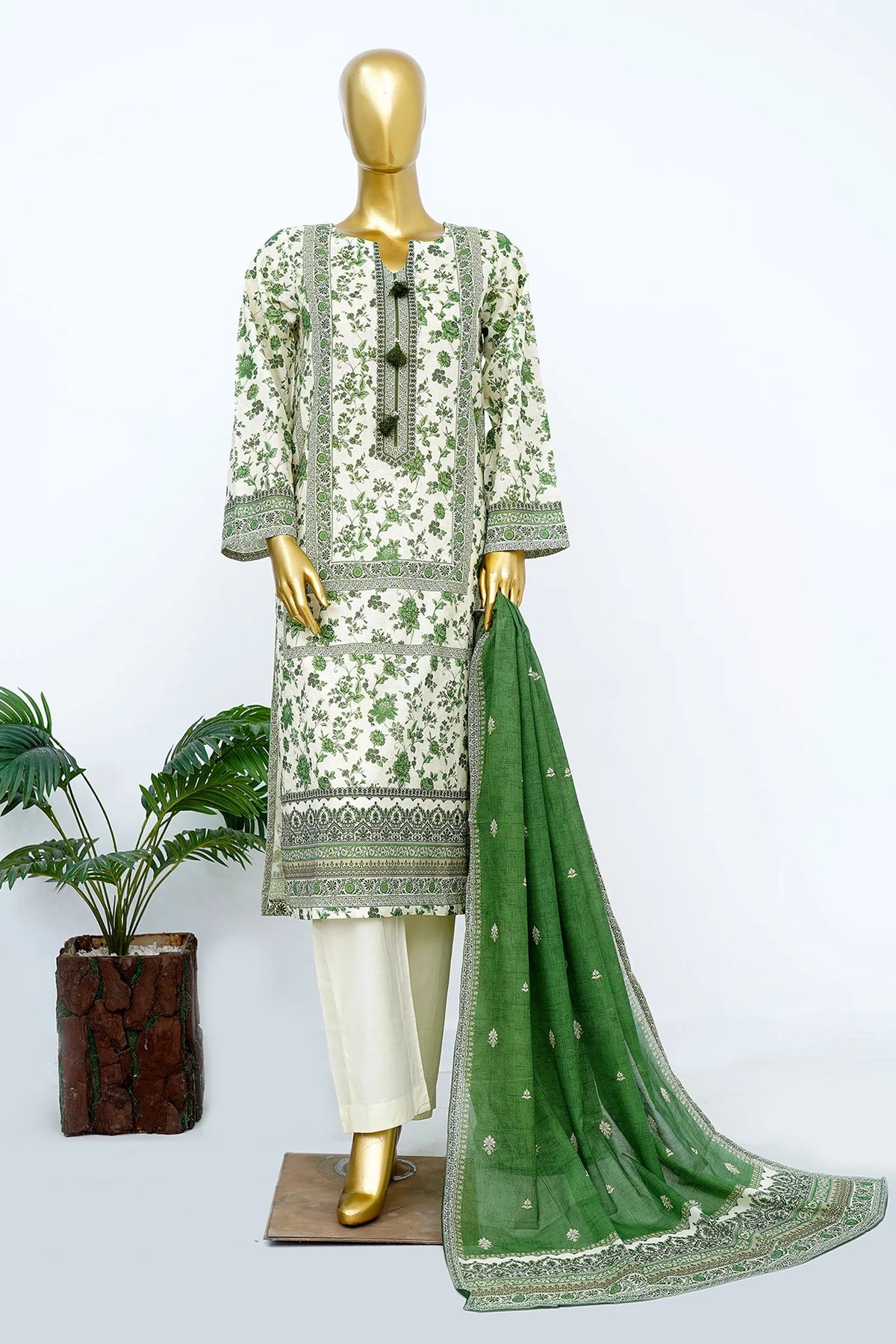 Bin Saeed Stitched 3 Piece Exclusive Printed Lawn Vol-13 Suit-LSM-3246-CREAM