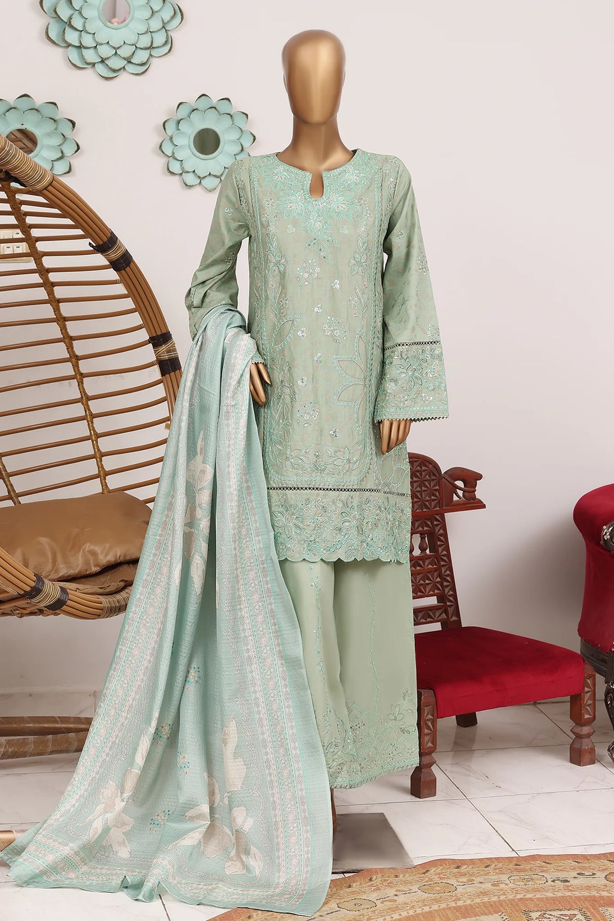 Bin Saeed Stitched 3 Piece Luxury Emb Jacquard Suit-JAQ-3214-GREEN