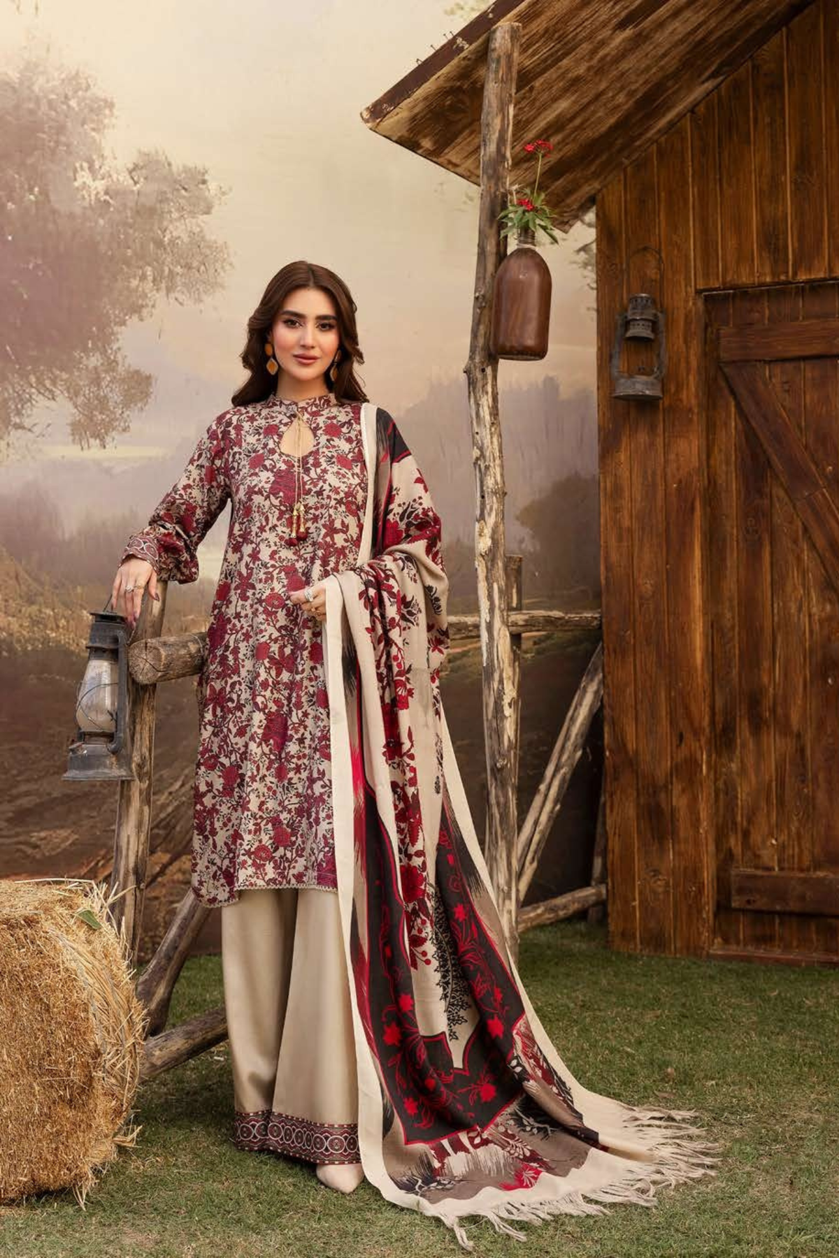 BAHAR BY MAHEES,Printed Silk Marina with Printed Pure China Pashmina Shawl,D-04