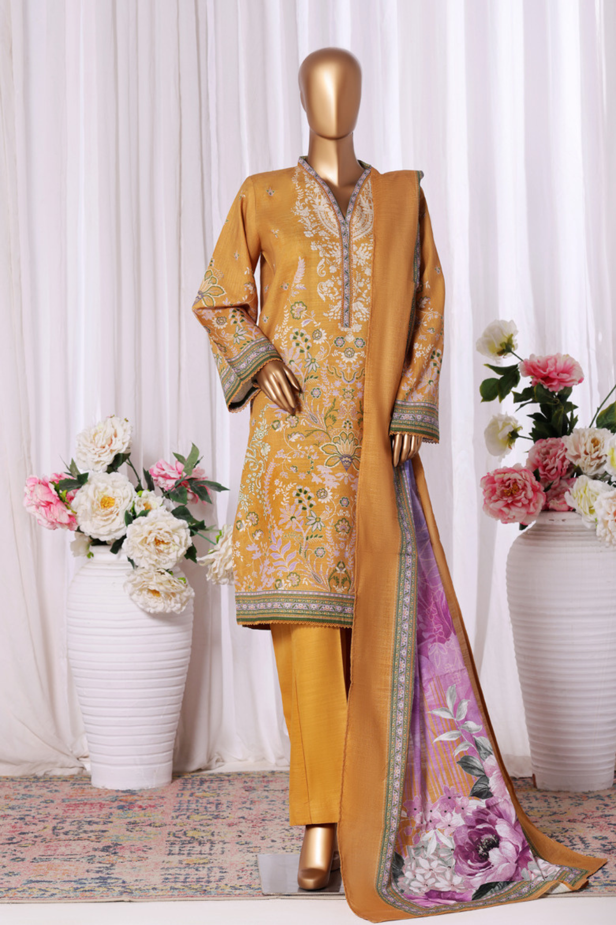 Bin Saeed Stitched 3 Piece Exclusive Printed Khaddar Vol-11 Collection'2025-WK-2587-Yellow