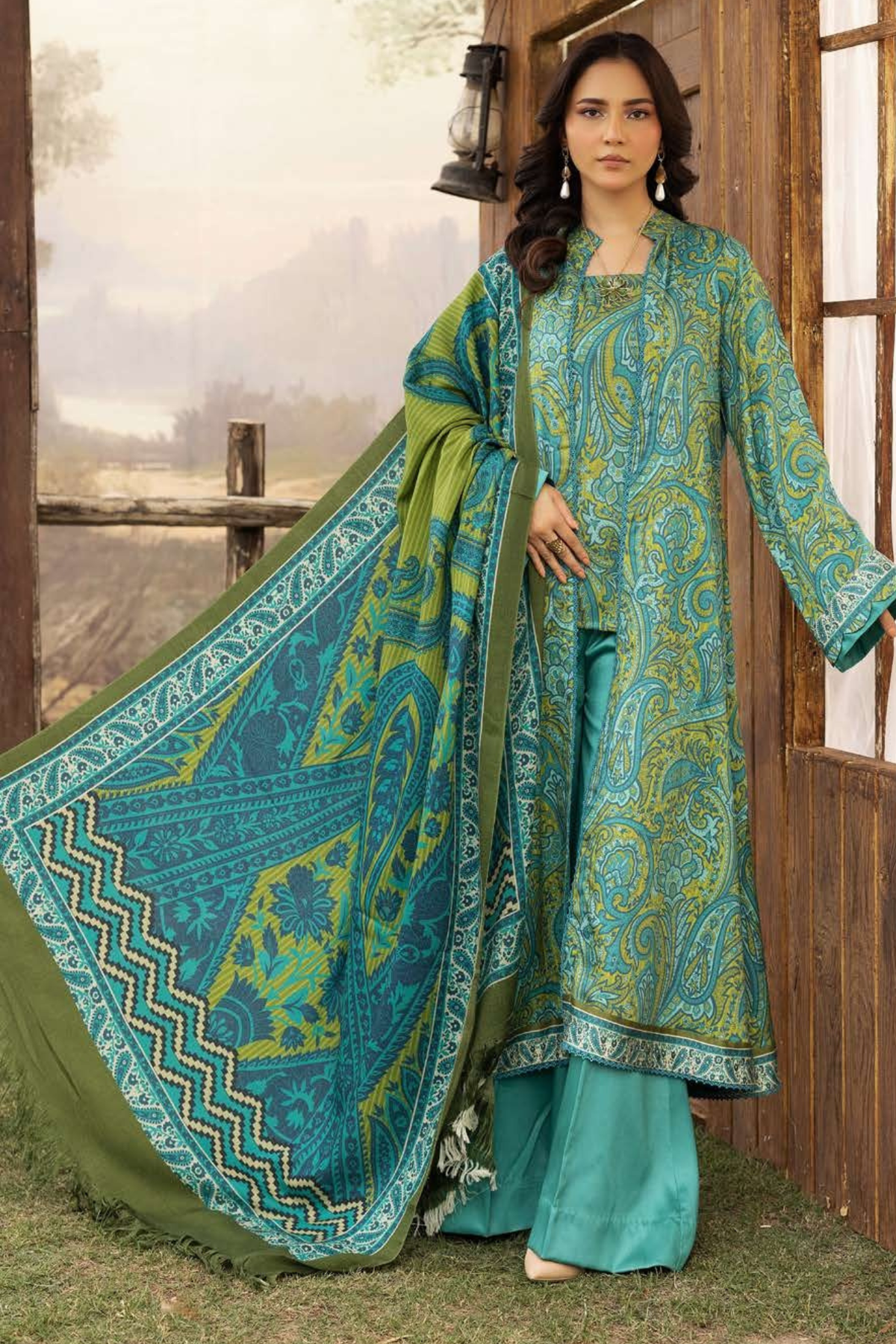 BAHAR BY MAHEES,Printed Silk Marina with Printed Pure China Pashmina Shawl,D-05