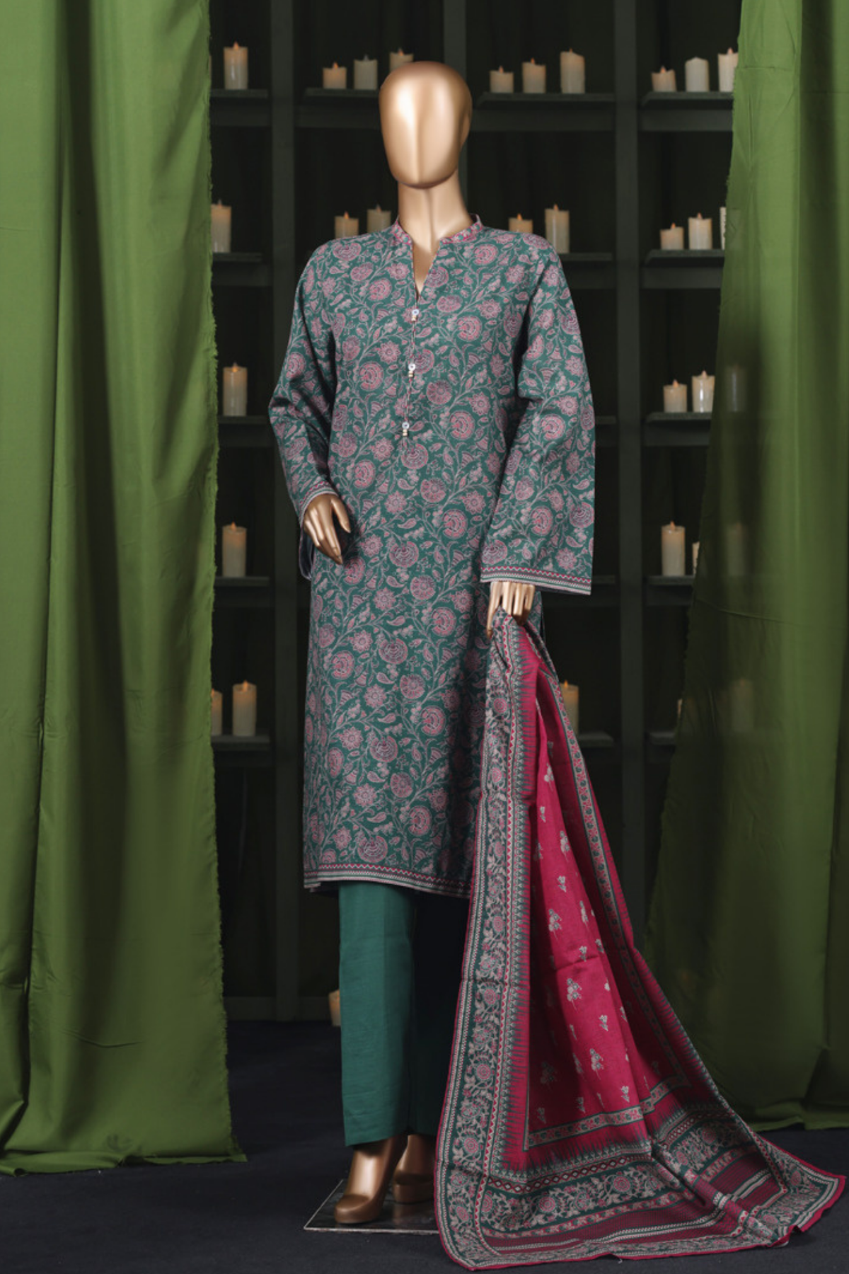Bin Saeed Stitched 3 Piece Exclusive Printed Khaddar Vol-14 Collection'2025-WK-2646-GREEN
