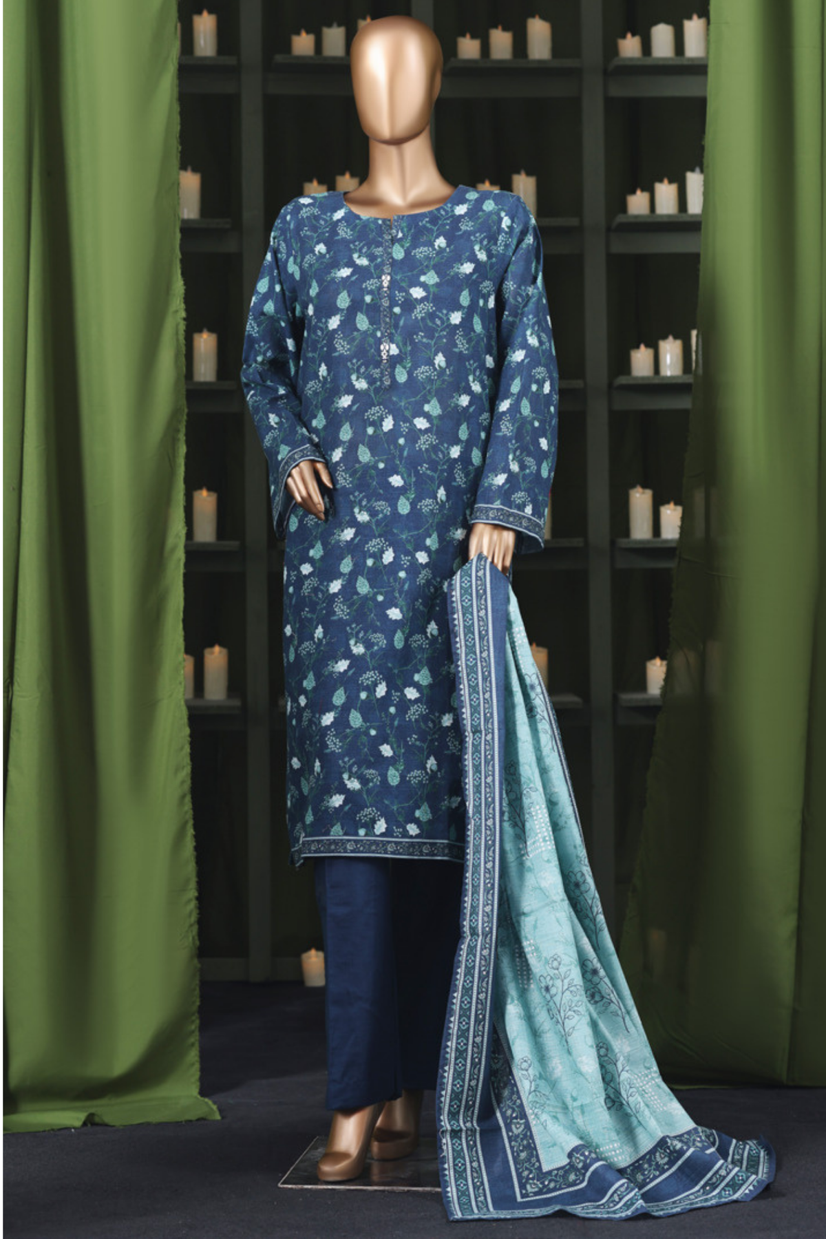 Bin Saeed Stitched 3 Piece Exclusive Printed Khaddar Vol-14 Collection'2025-WK-2645-BLUE