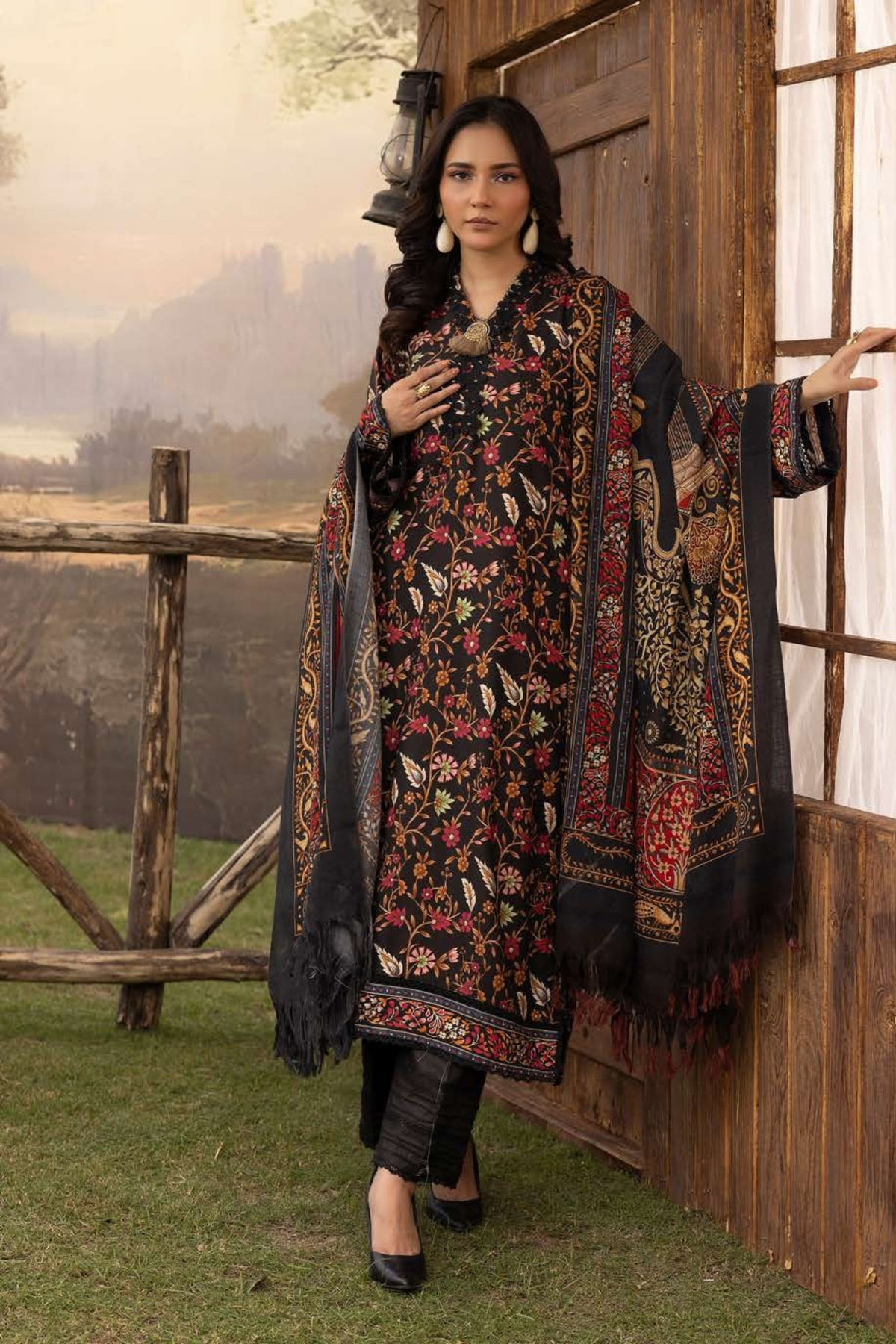 BAHAR BY MAHEES,Printed Silk Marina with Printed Pure China Pashmina Shawl,D-06