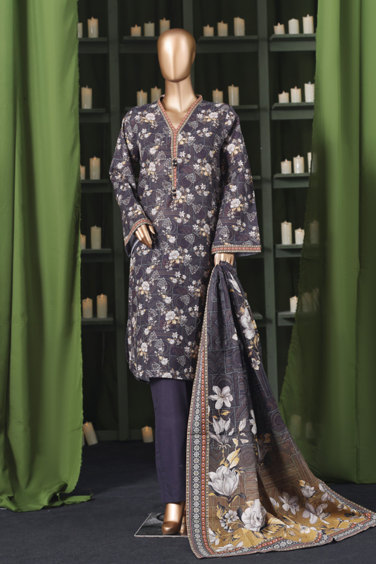 Bin Saeed Stitched 3 Piece Exclusive Printed Khaddar Vol-14 Collection'2025-WK-2639-BLACK