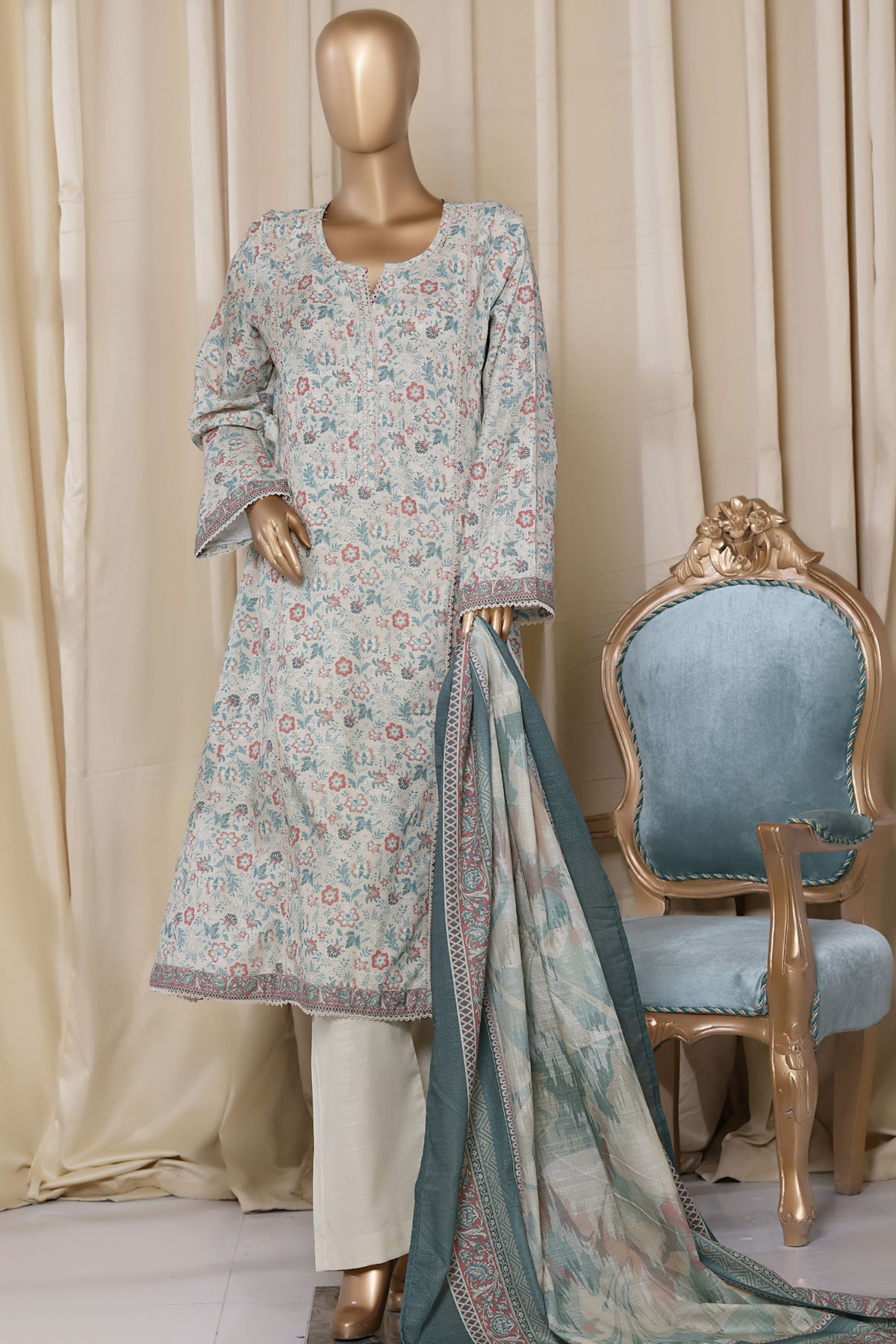 Bin Saeed Stitched 3 Piece Printed Frocks Khaddar Collection'2025-fr-1294-white