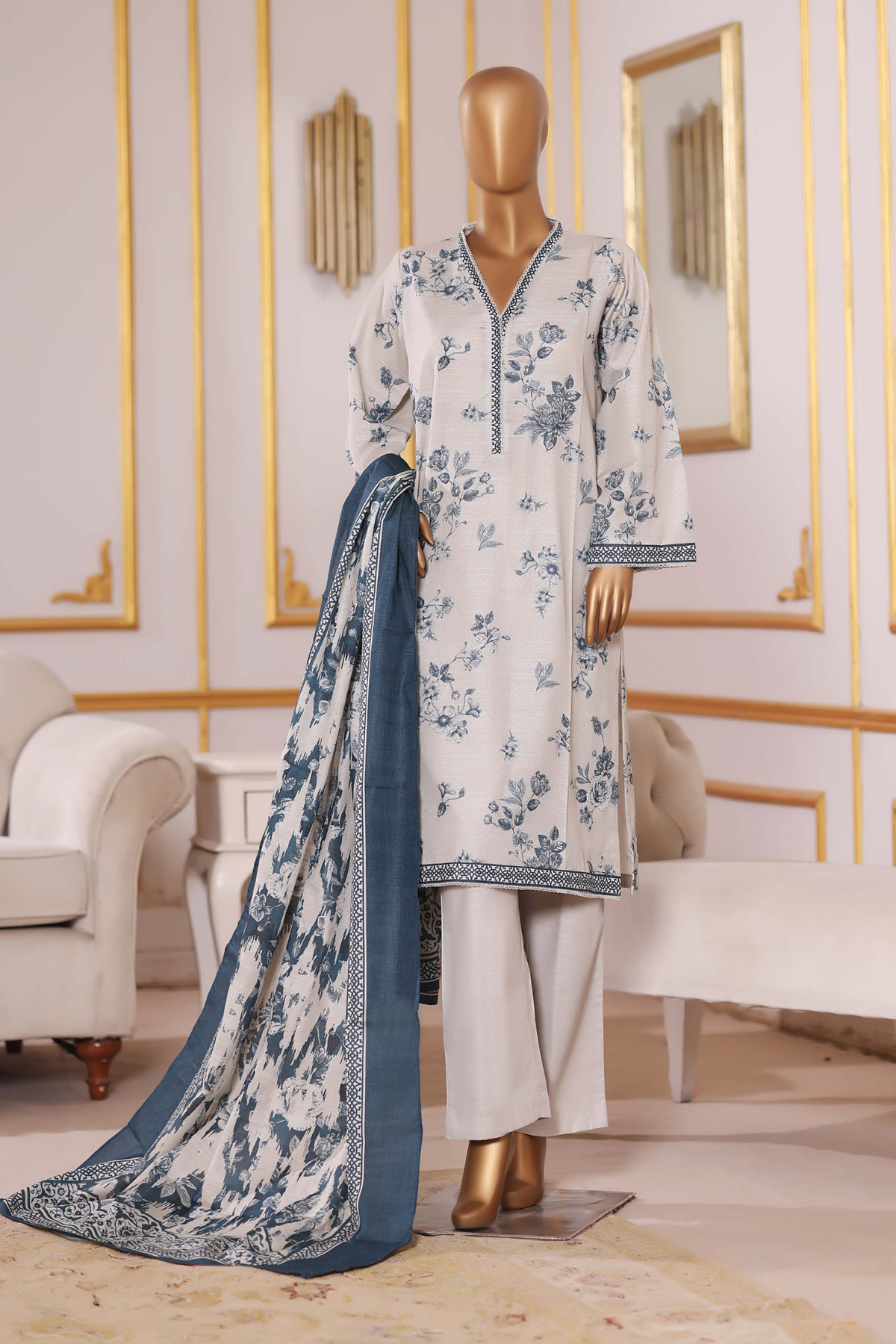 Bin Saeed Stitched 3 Piece Exclusive Printed Khaddar Vol-09 Collection'2025-WK-2568-white