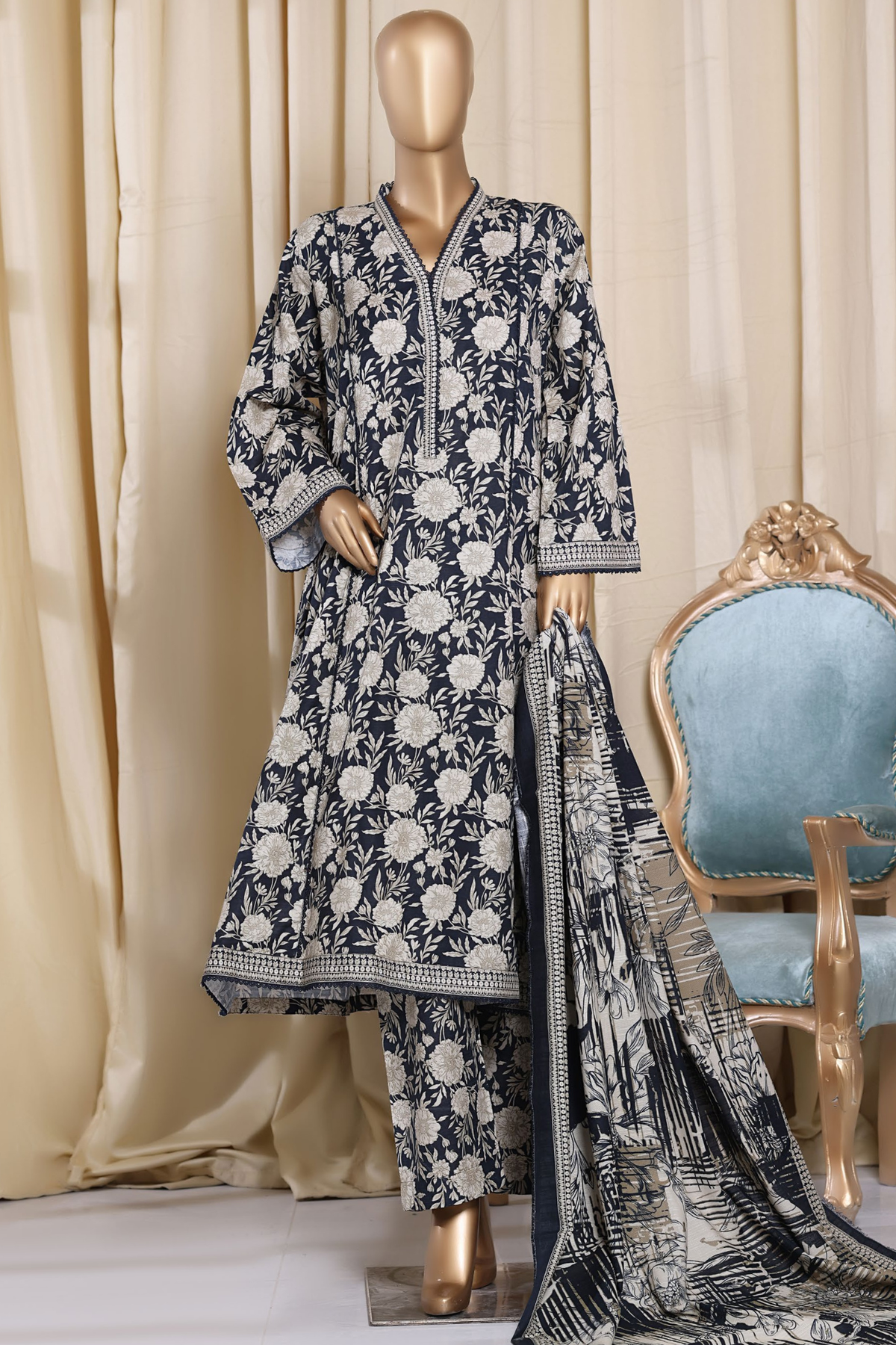 Bin Saeed Stitched 3 Piece Printed Frocks Khaddar Collection'2025-fr-1295-Blue