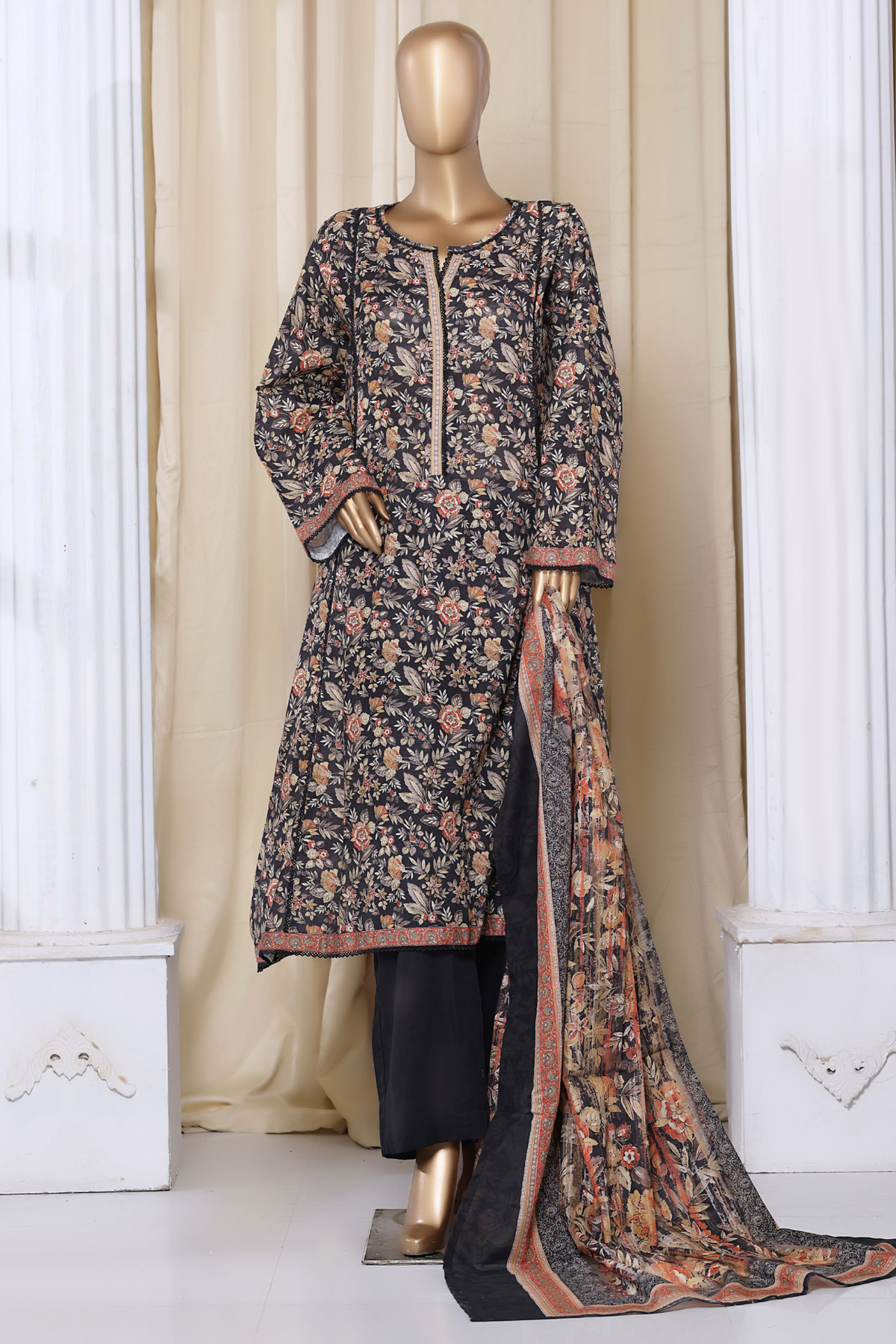 Bin Saeed Stitched 3 Piece Printed Frocks Khaddar Collection'2025-fr-1296-Black
