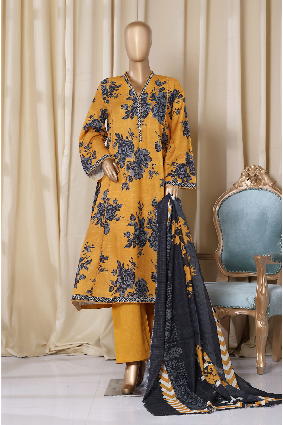 Bin Saeed Stitched 3 Piece Printed Frocks Khaddar Collection'2025-fr-1290-yellow