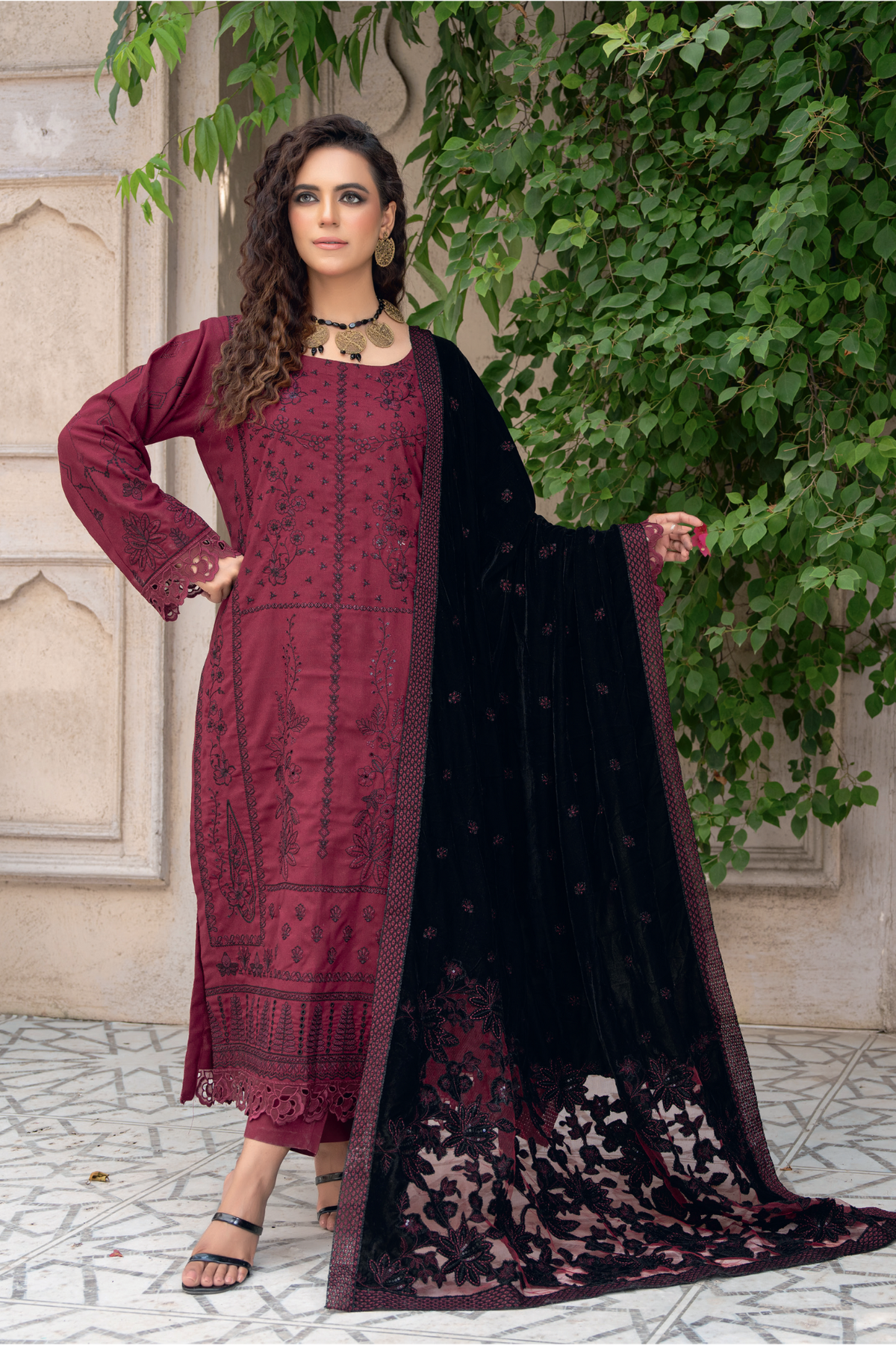 Premium Peach Collection Embroidered Shirt With Embroidered Micro Velvet Shawl D-01