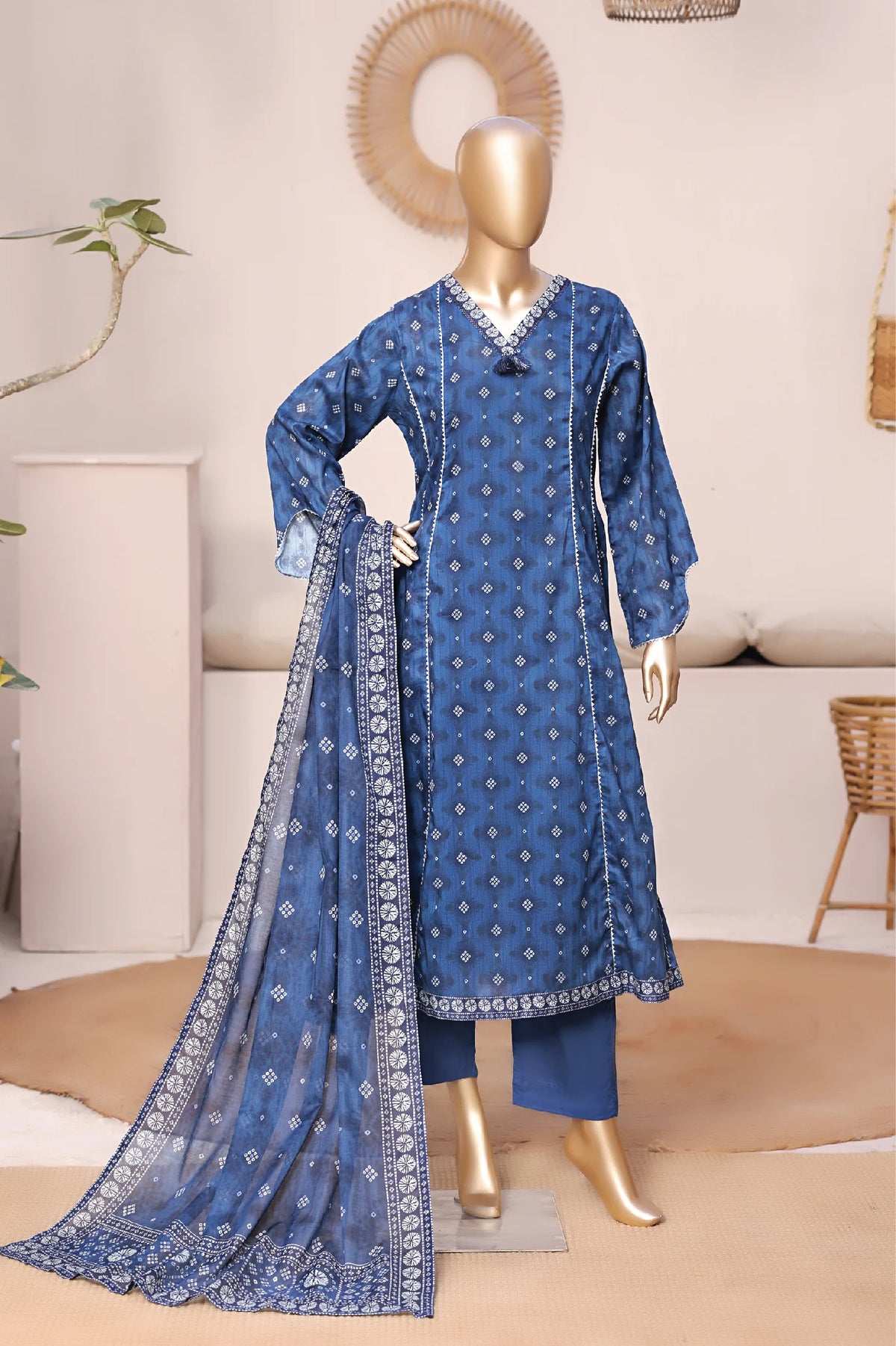 Bin Saeed Stitched 3 Piece Exclusive Printed Frock-LSM-3026-BLUE