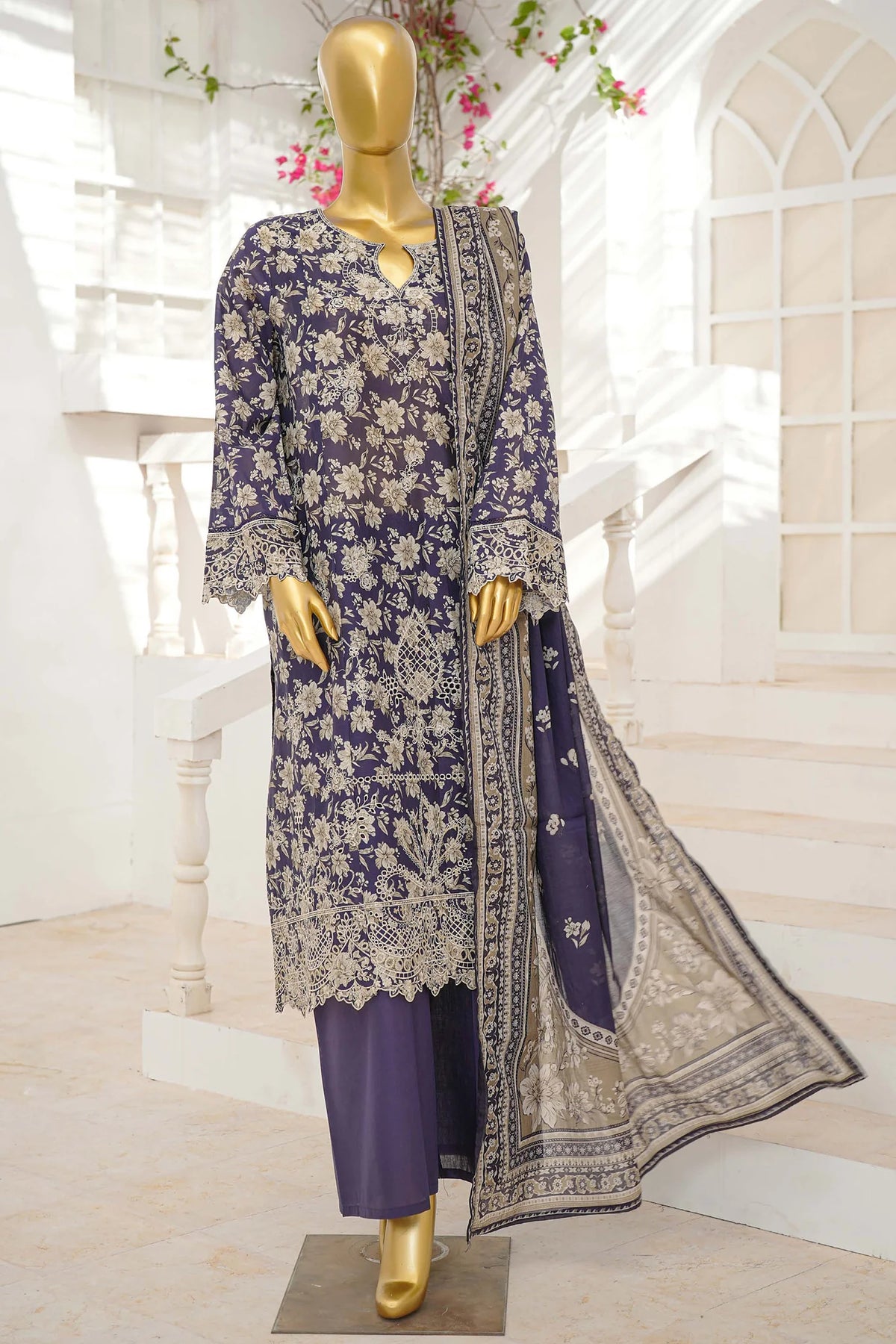 Bin Saeed Stitched 3 Piece Exclusive Emb Lawn With Flapper Suit-LSM-3190-PURPLE