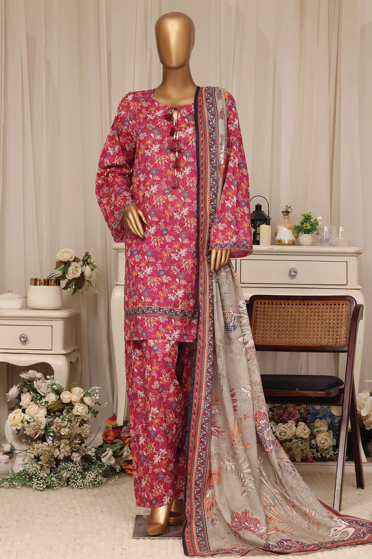 Bin Saeed Stitched 3 Piece Printed Lawn With Farshi Shalwar Vol-04 Suit-LSM-3371-ATISHI