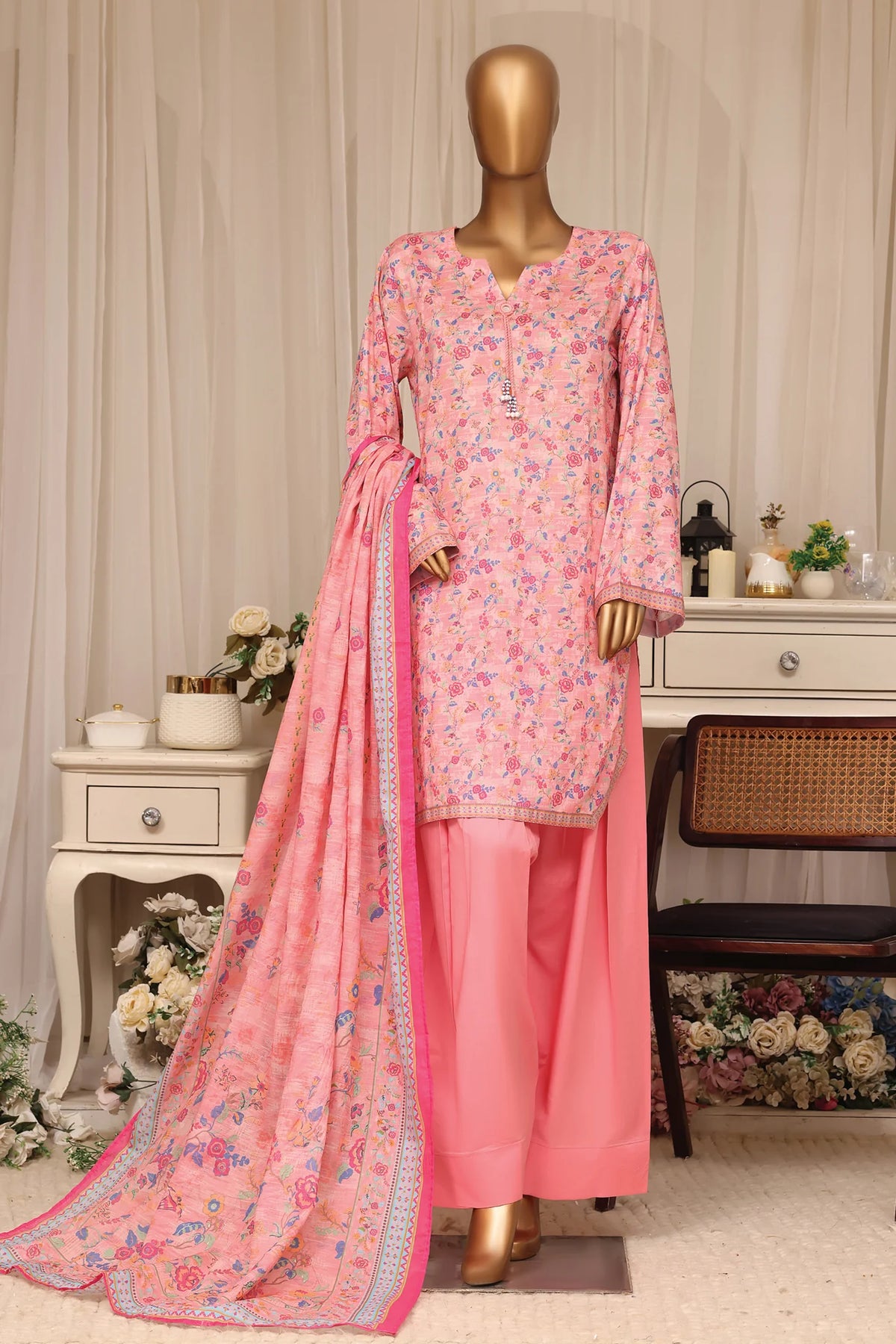 Bin Saeed Stitched 3 Piece Printed Lawn With Farshi Shalwar Vol-04 Suit-LSM-3373-PINK