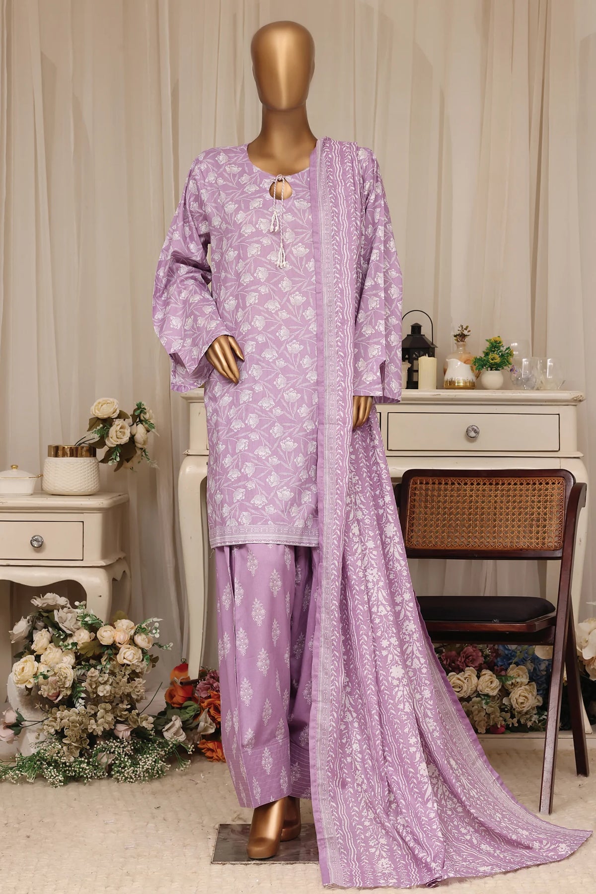Bin Saeed Stitched 3 Piece Printed Lawn With Farshi Shalwar Vol-04 Suit-LSM-3375-LALIC