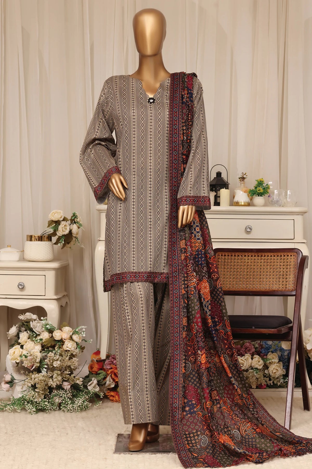 Bin Saeed Stitched 3 Piece Printed Lawn With Farshi Shalwar Vol-04 Suit-LSM-3378-SKIN