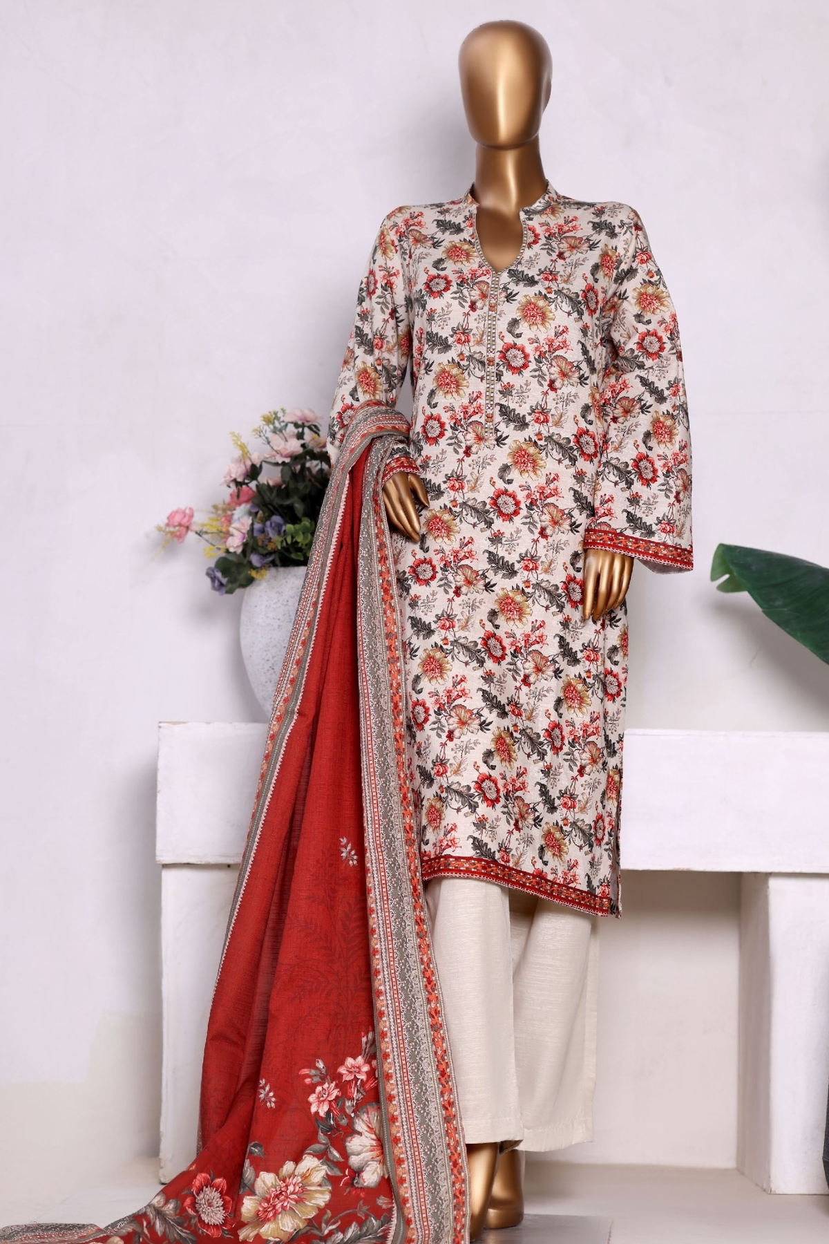 Bin Saeed Stitched 3 Piece Exclusive Printed Khaddar Vol-13 Collection'2025-WK-2631-RED