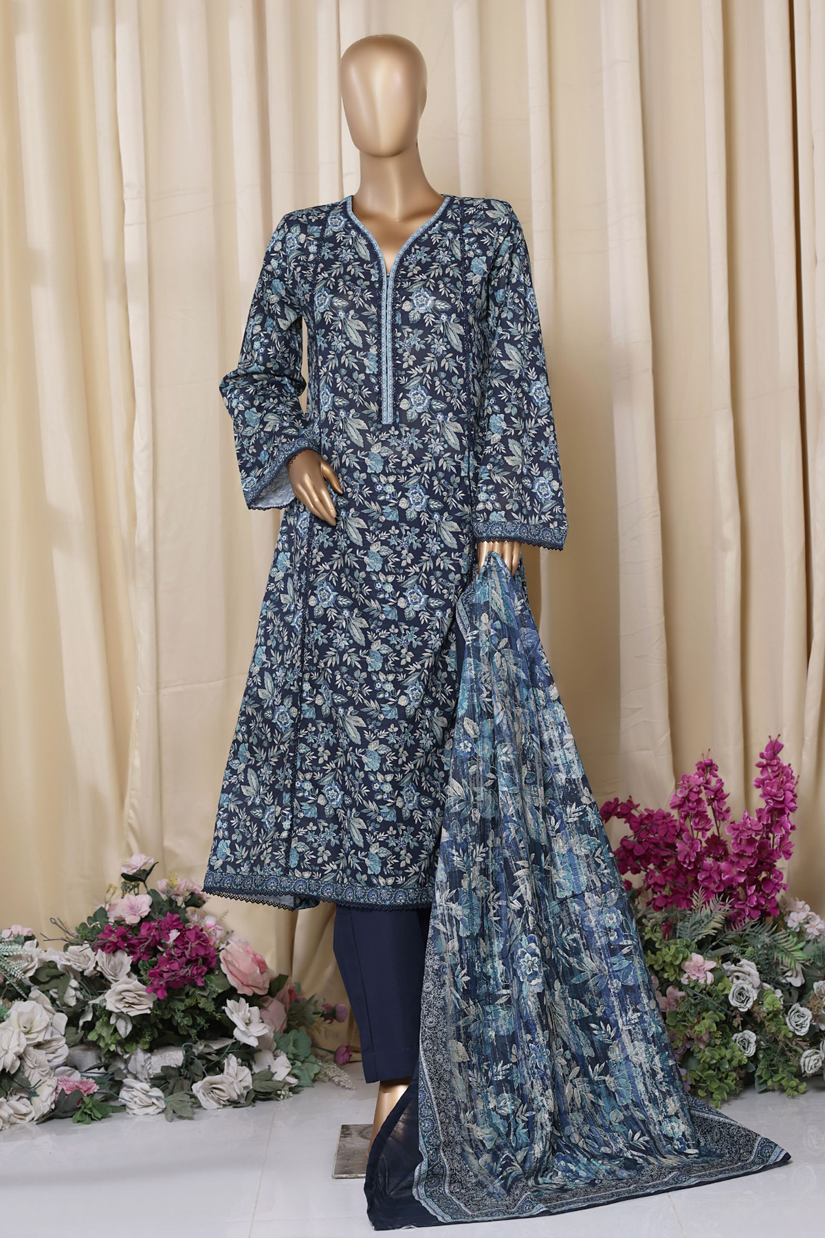 Bin Saeed Stitched 3 Piece Printed Frocks Khaddar Collection'2025-fr-1298-Blue