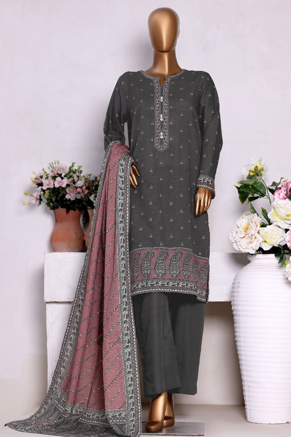 Bin Saeed Stitched 3 Piece Exclusive Printed Khaddar Vol-13 Collection'2025-WK-2632-DARK GREEN