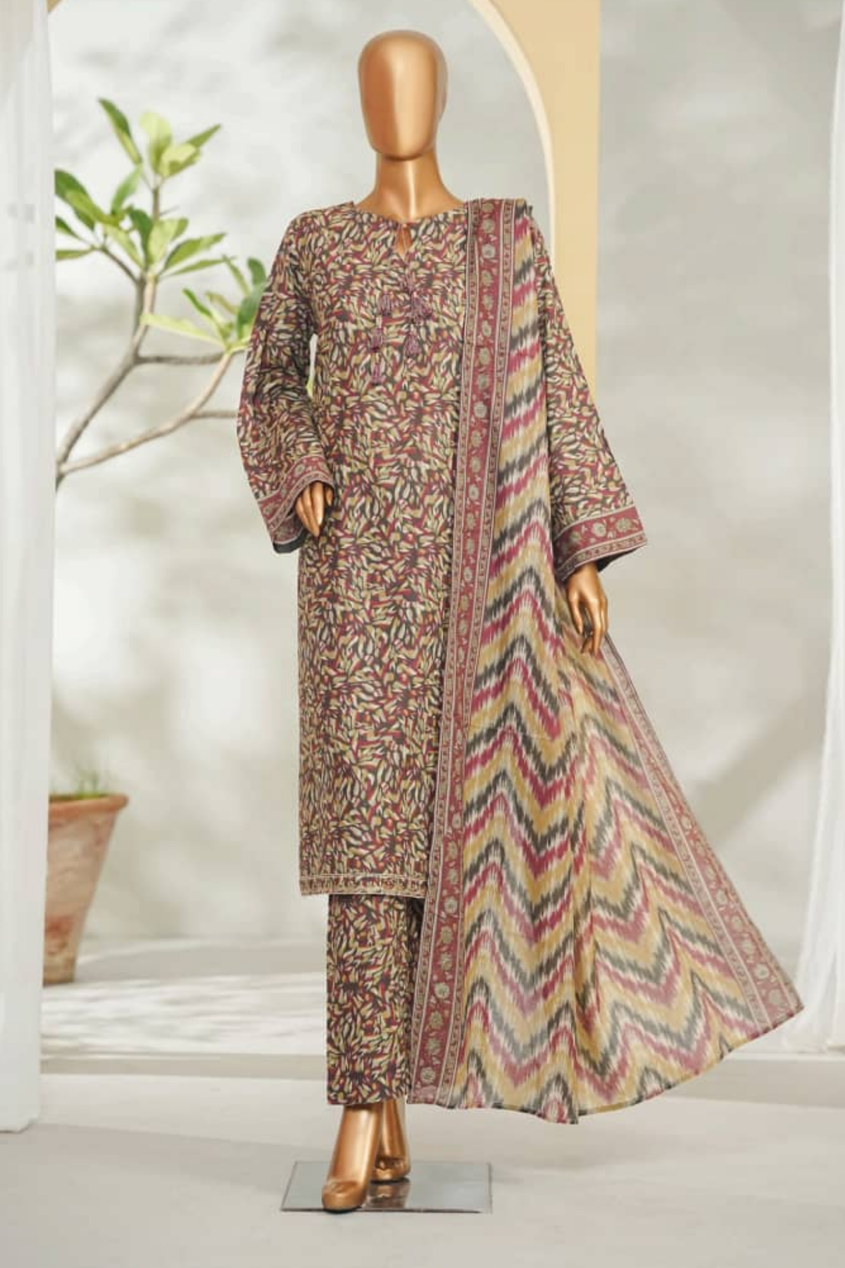 Bin Saeed Stitched 3 Piece Exclusive Printed Lawn Vol-01 Collection'2026-LSM-2716 BROWN