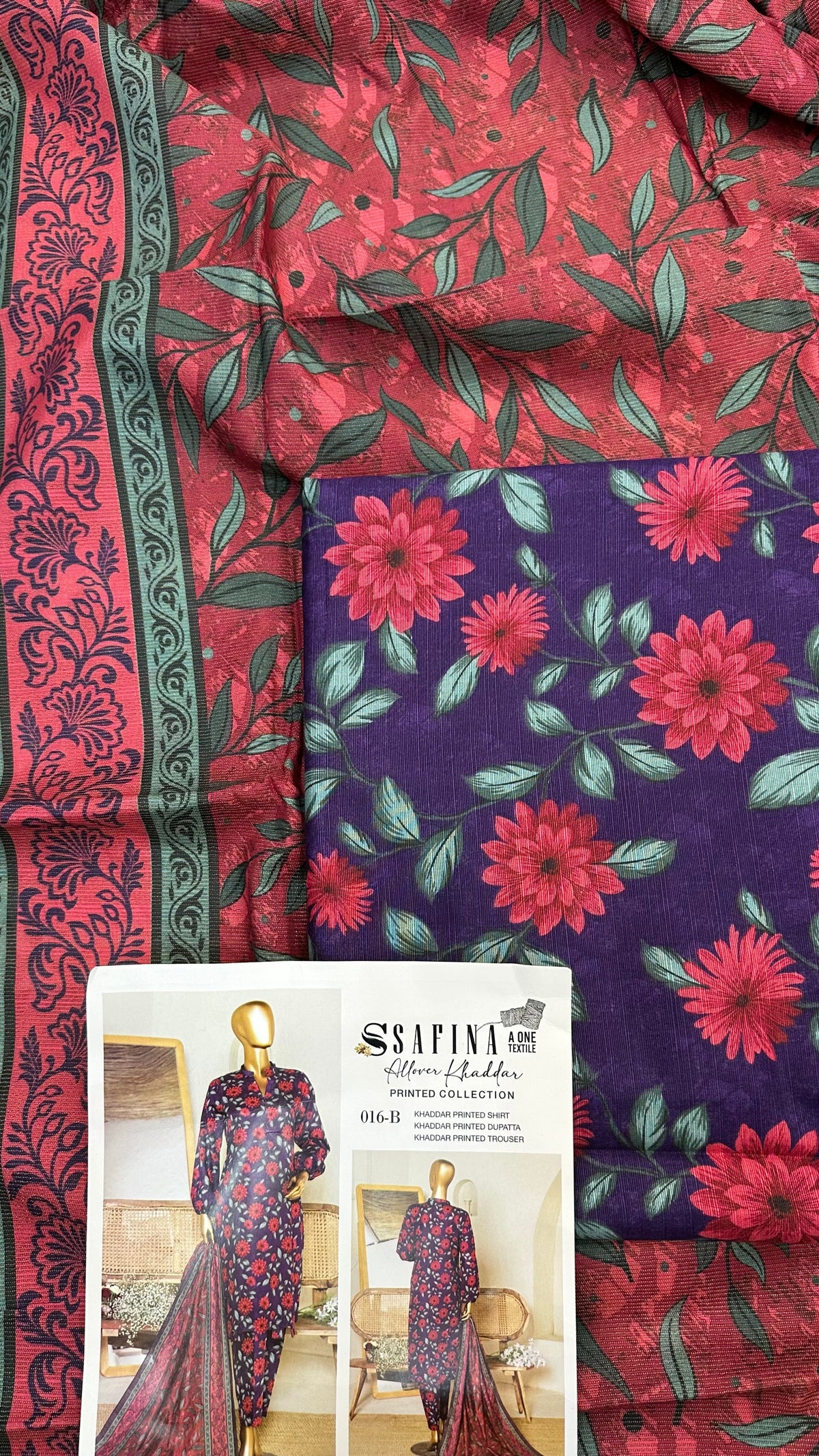 Safina 3pcs unstitched Slub khaddar/cotton 016-b
