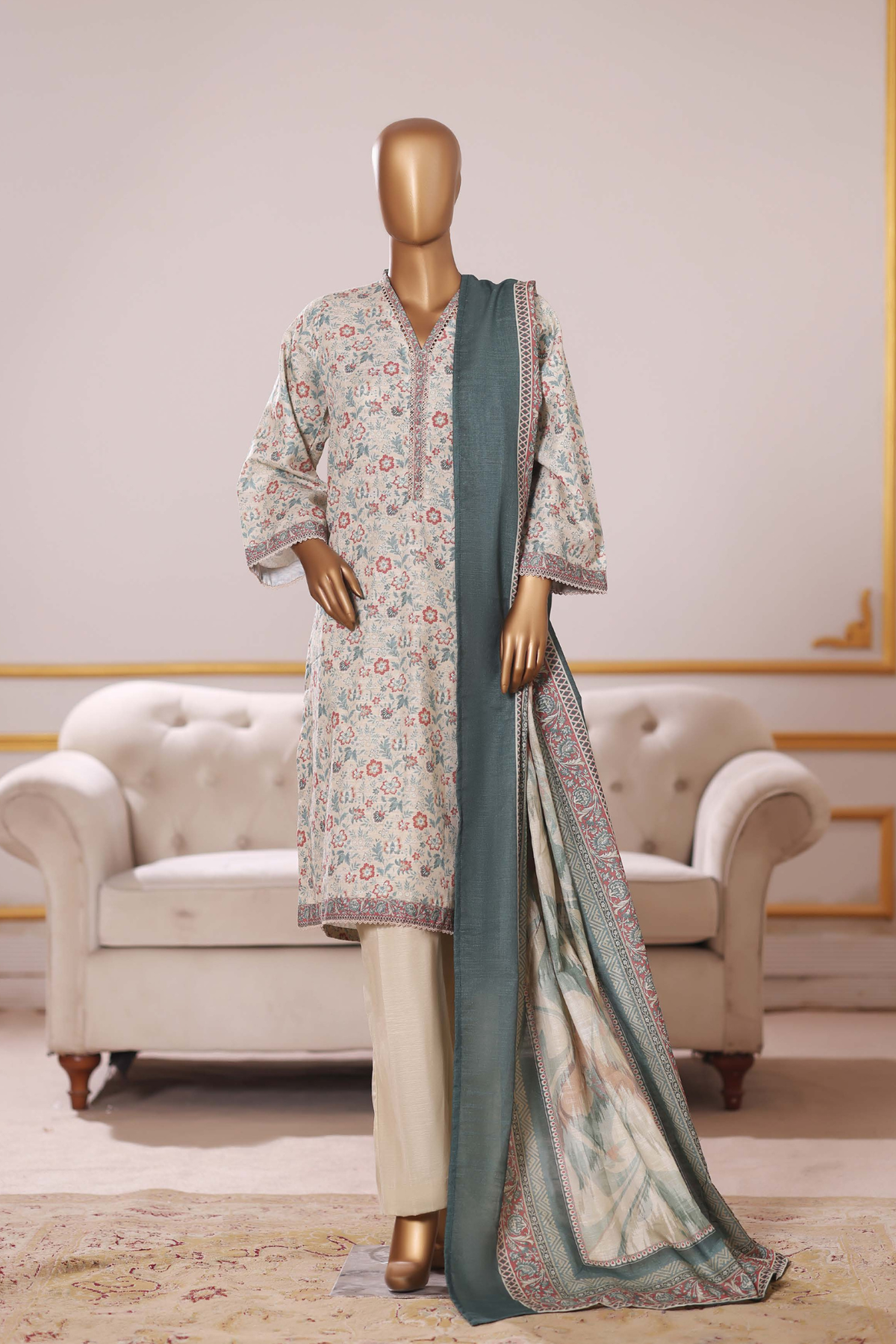 Bin Saeed Stitched 3 Piece Exclusive Printed Khaddar Vol-09 Collection'2025-WK-2563-Beige