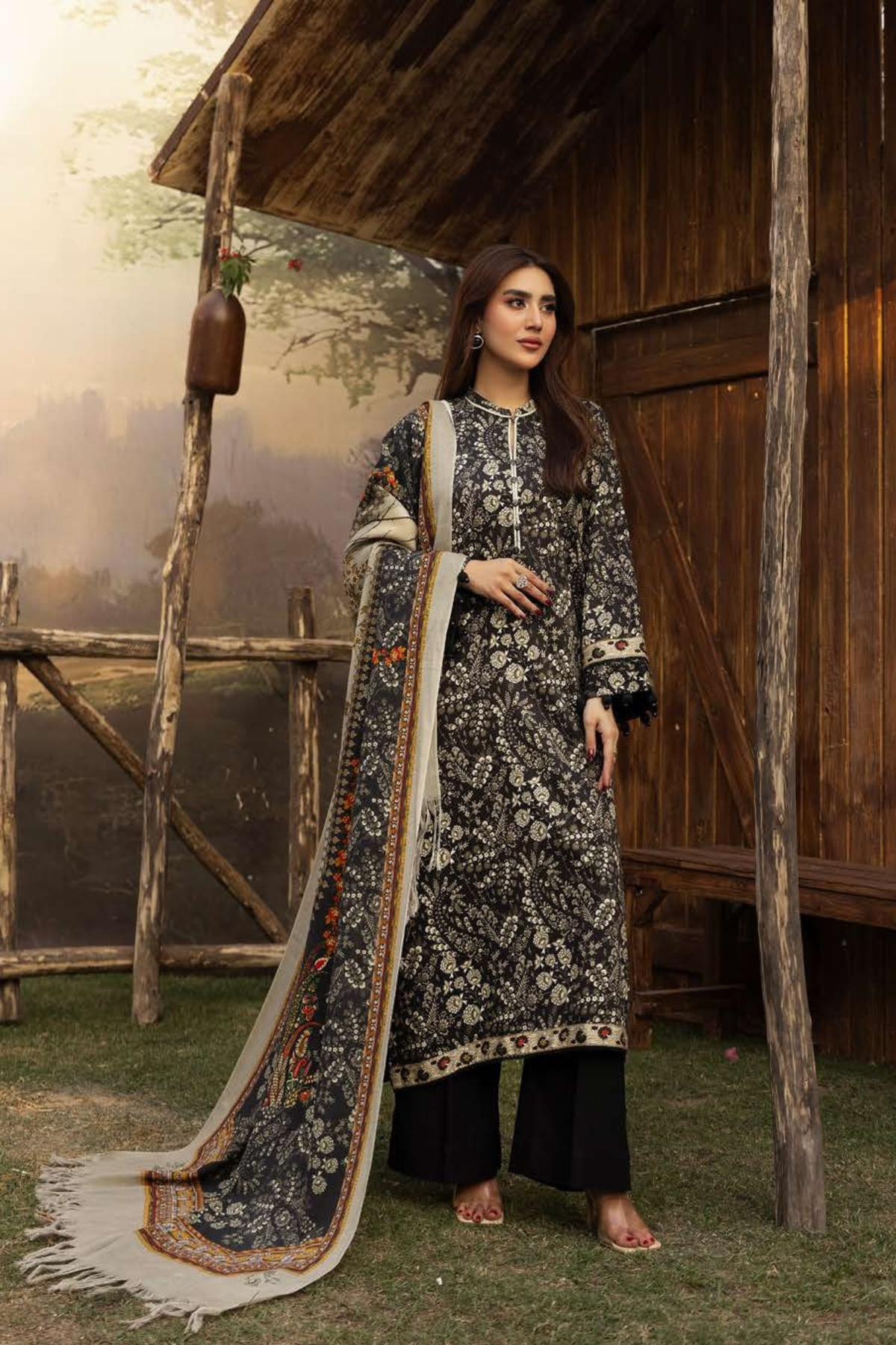 BAHAR BY MAHEES,Printed Silk Marina with Printed Pure China Pashmina Shawl,D-01