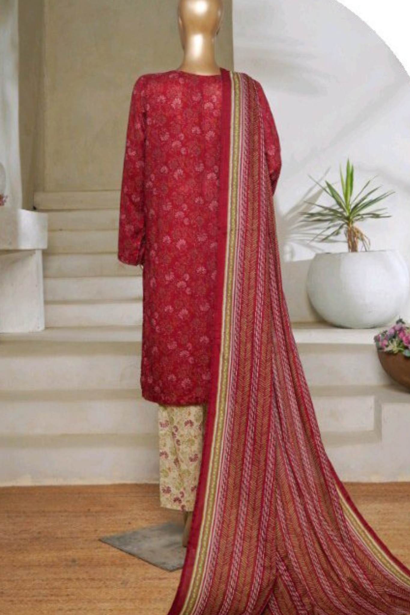 Bin Saeed Stitched 3 Piece Exc Printed Lawn Vol-05 Collection'2025-NSM-2341-red