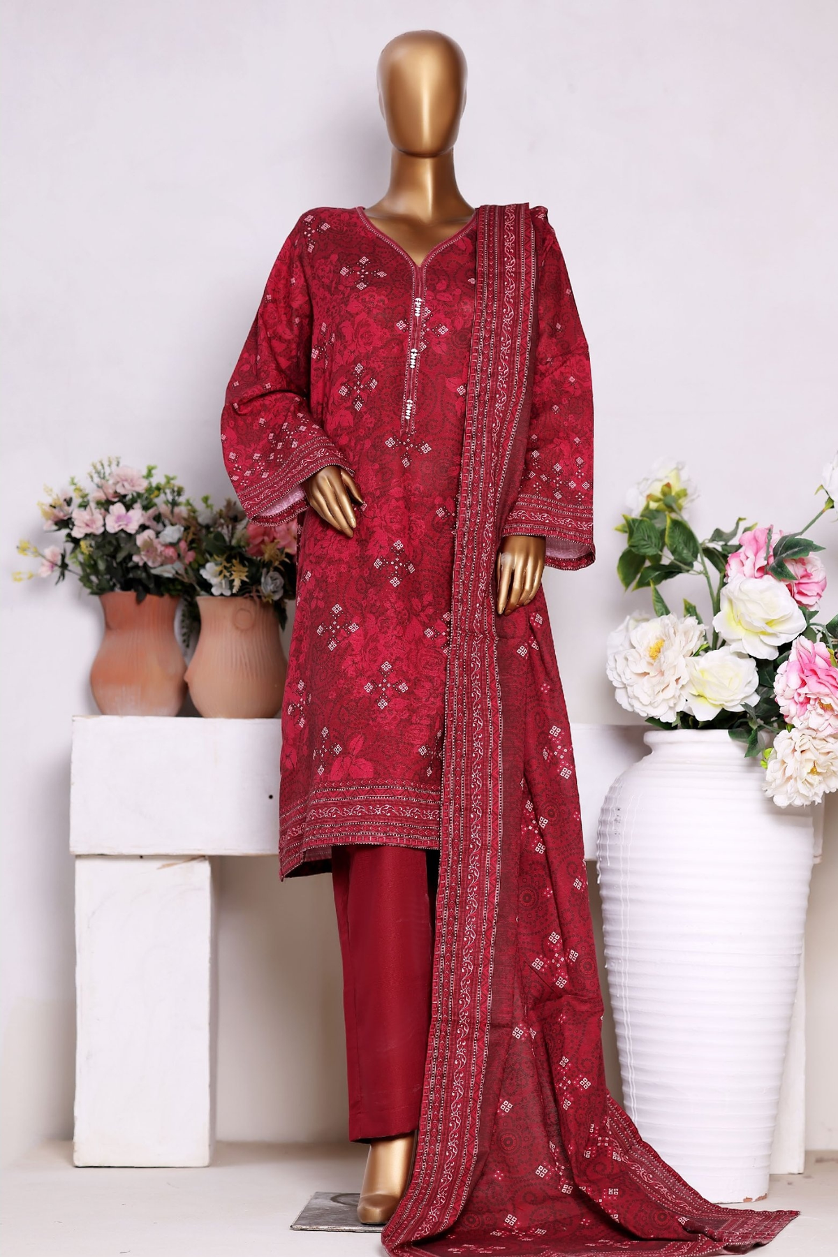 Bin Saeed Stitched 3 Piece Exclusive Printed Khaddar Vol-13 Collection'2025-WK-2633-RED