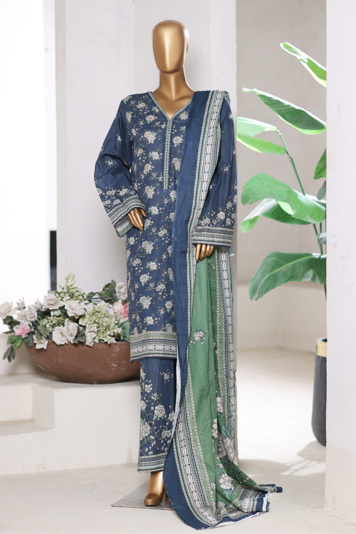 Bin Saeed Stitched 3 Piece Exclusive Printed Khaddar Vol-15 Collection'2025-WK-2656-dark blue
