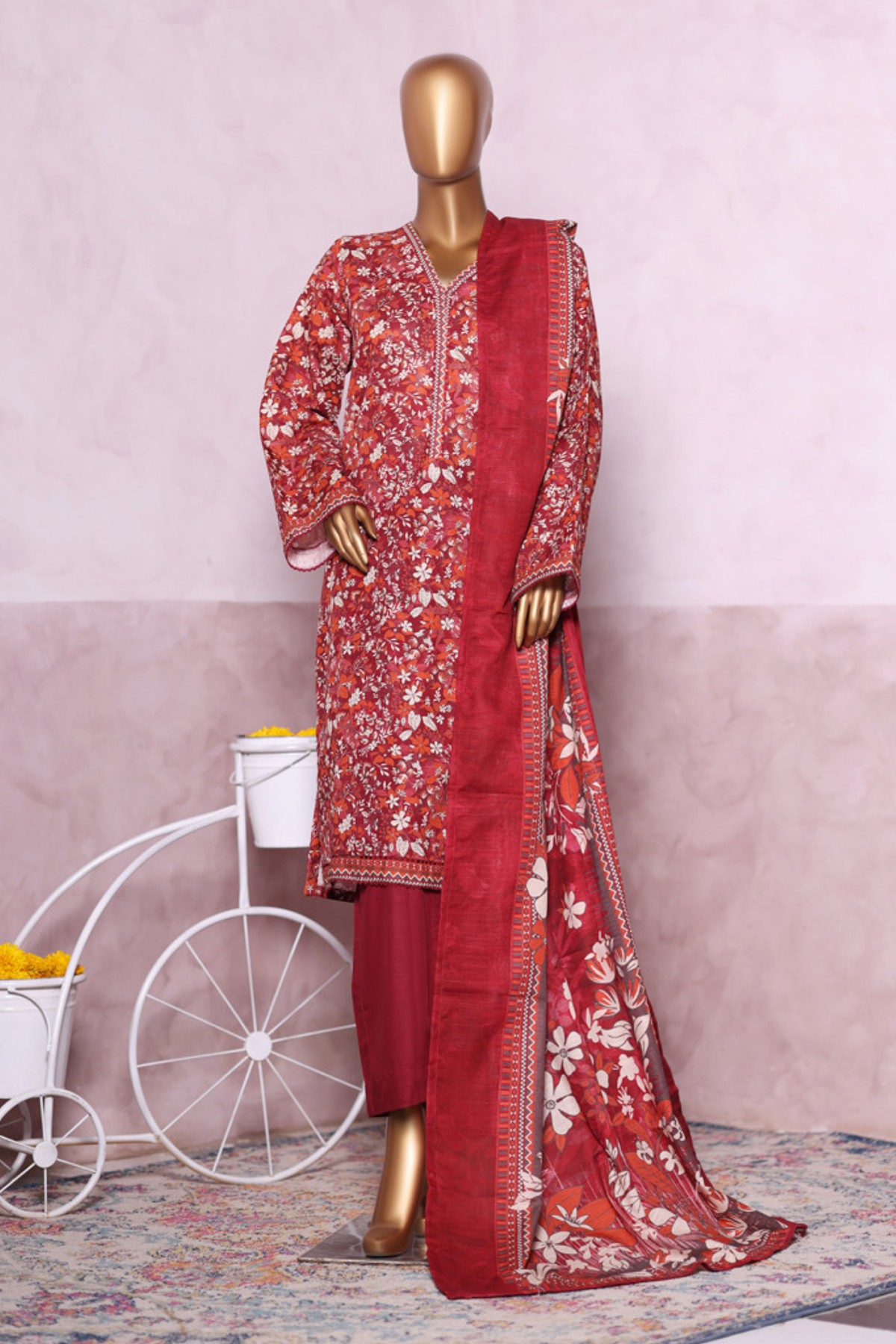 Bin Saeed Stitched 3 Piece Exclusive Printed Khaddar Vol-07 Collection'2025-WK-2441-Red
