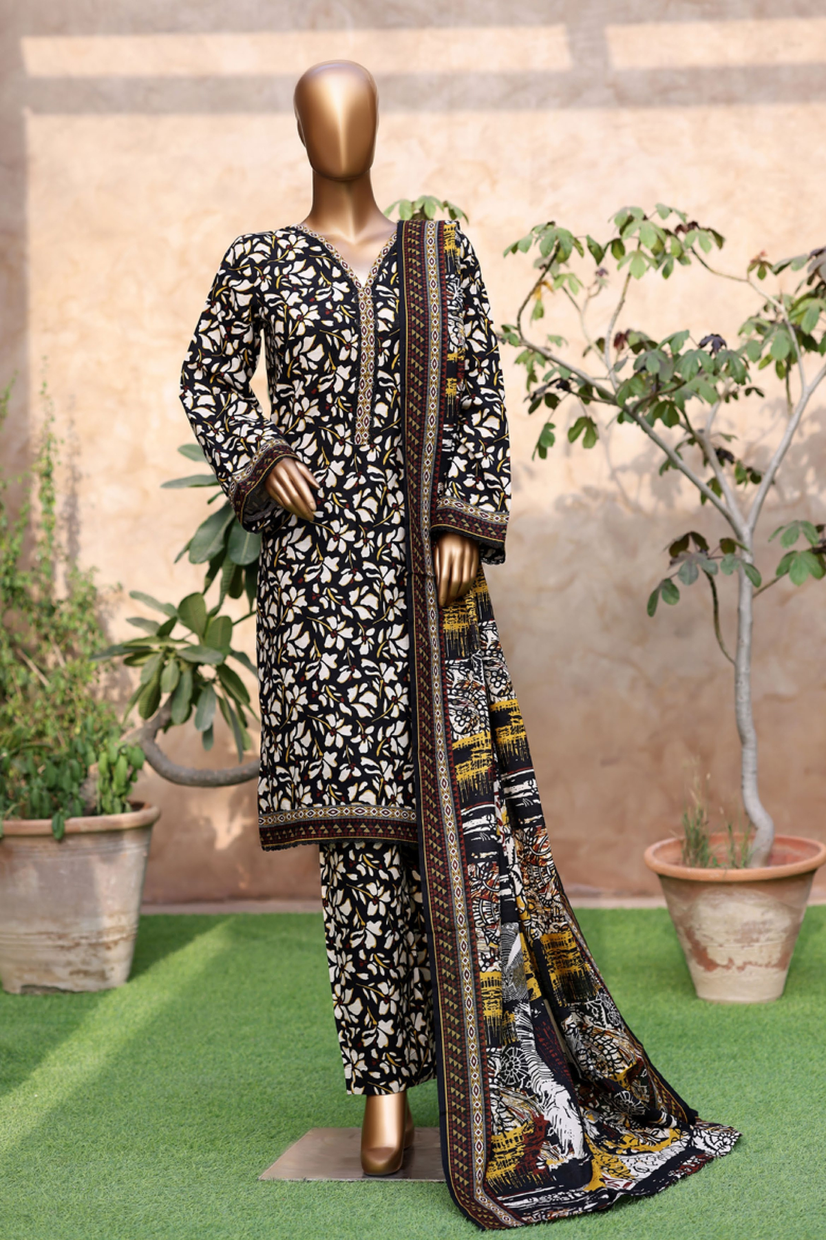 Bin Saeed Stitched 3 Piece Exclusive Printed Khaddar Vol-05 Collection'2025-WK-2401-Black