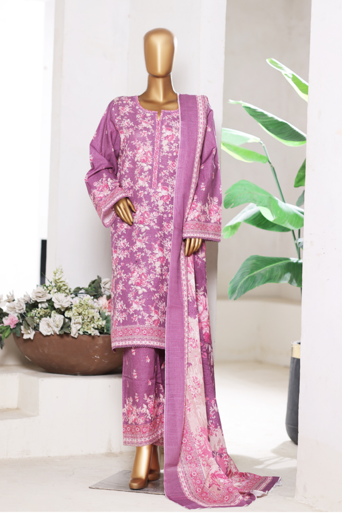 Bin Saeed Stitched 3 Piece Exclusive Printed Khaddar Vol-15 Collection'2025-WK-2658-pink