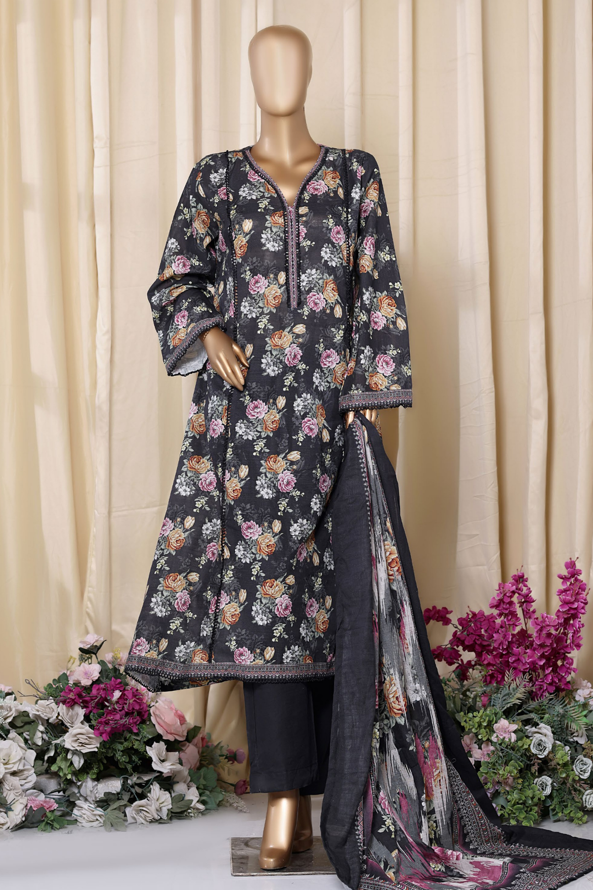 Bin Saeed Stitched 3 Piece Printed Frocks Khaddar Collection'2025-fr-1305-Black