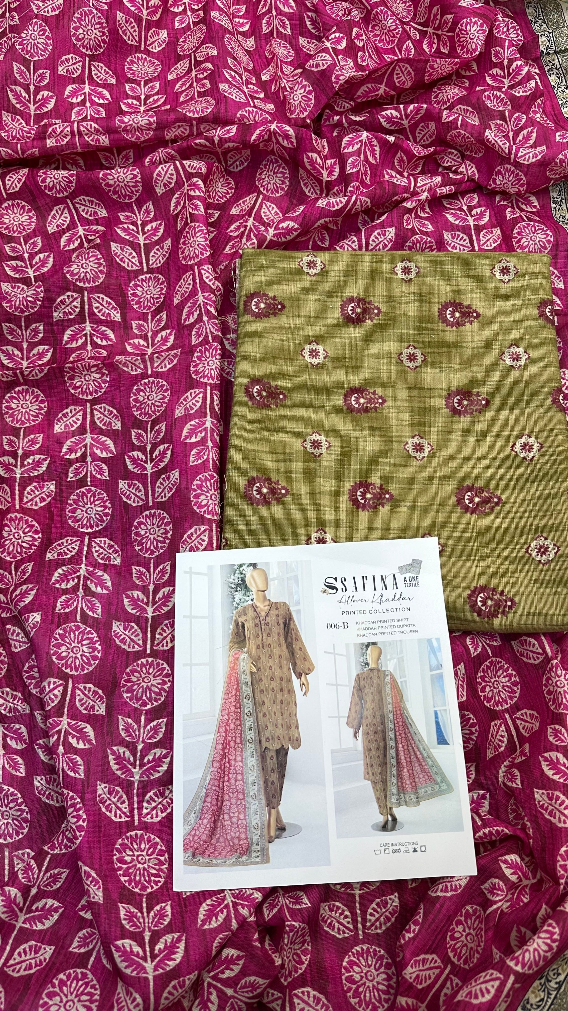 Safina 3pcs unstitched Slub khaddar/cotton 006-b
