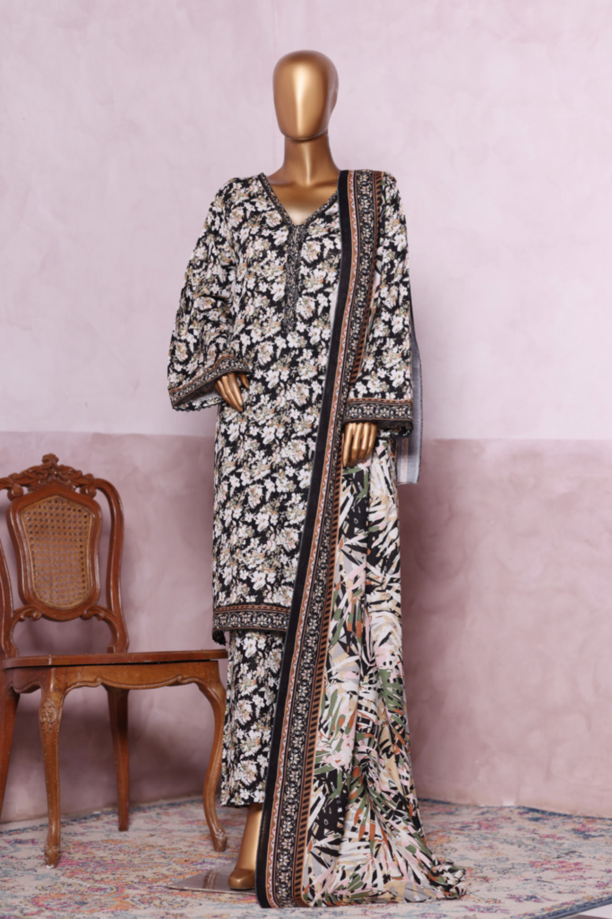 Bin Saeed Stitched 3 Piece Exclusive Printed Khaddar Vol-07 Collection'2025-WK-2446-Black