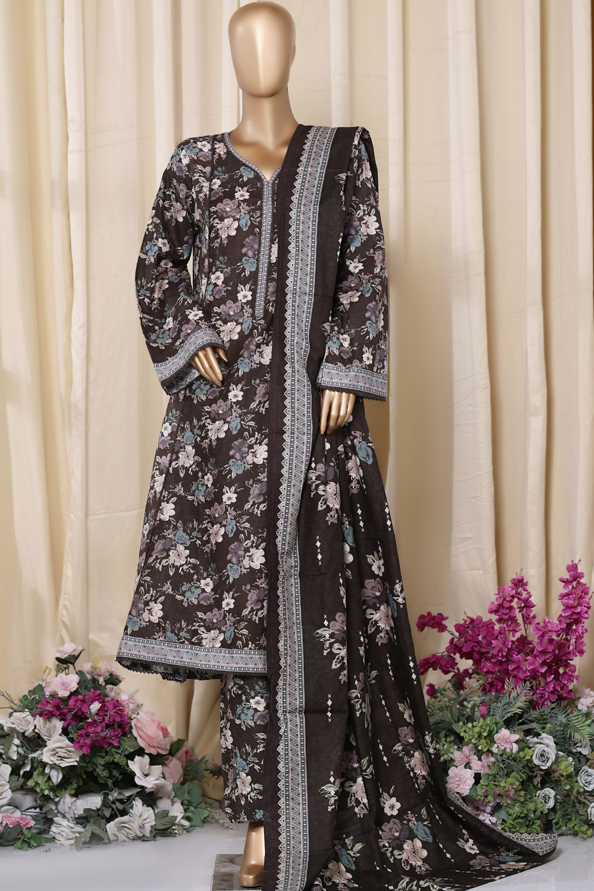 Bin Saeed Stitched 3 Piece Printed Frocks Khaddar Collection'2025-fr-1304-Brown