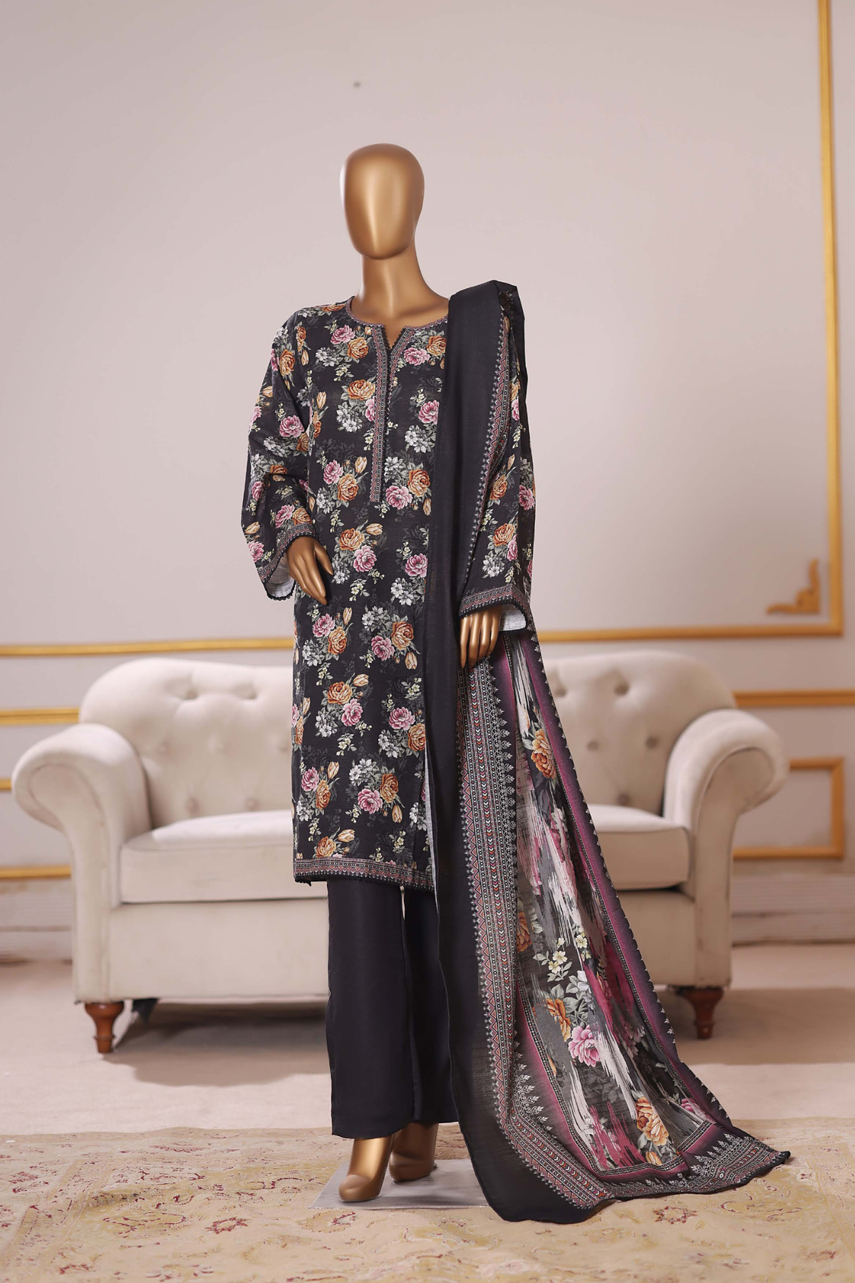 Bin Saeed Stitched 3 Piece Exclusive Printed Khaddar Vol-09 Collection'2025-WK-2564-Black