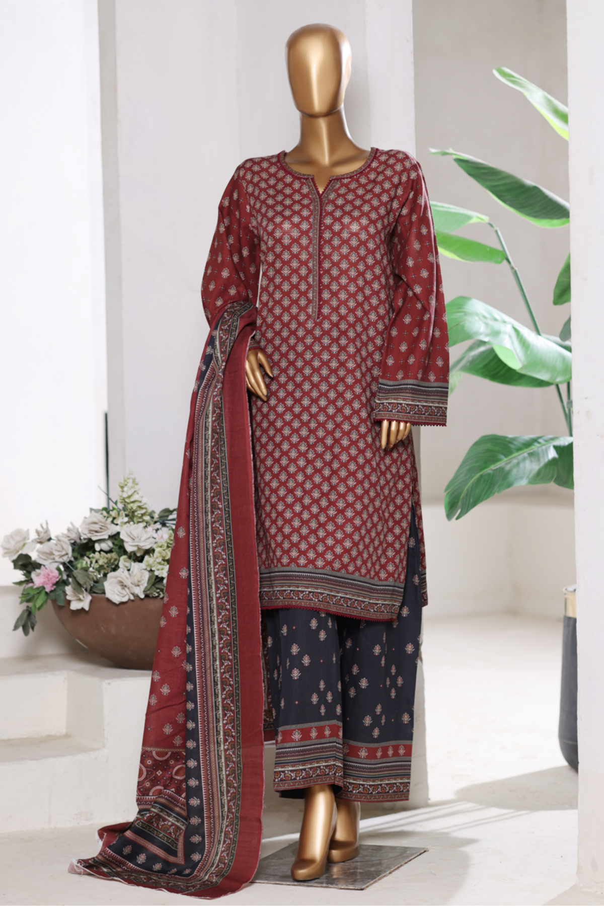 Bin Saeed Stitched 3 Piece Exclusive Printed Khaddar Vol-15 Collection'2025-WK-2666-dark red