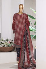 Bin Saeed Stitched 3 Piece Exclusive Printed Khaddar Vol-15 Collection'2025-WK-2666-dark red