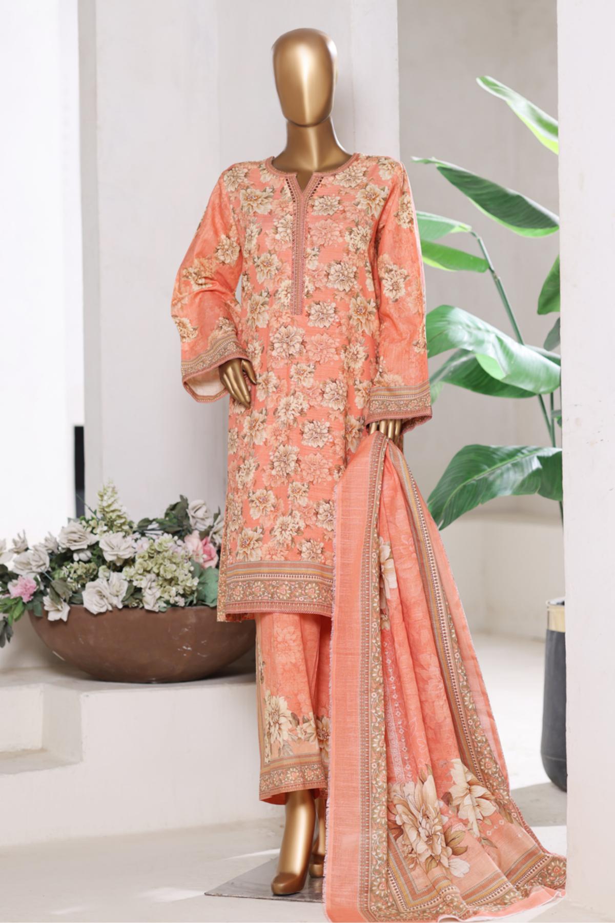 Bin Saeed Stitched 3 Piece Exclusive Printed Khaddar Vol-15 Collection'2025-WK-2667-peach