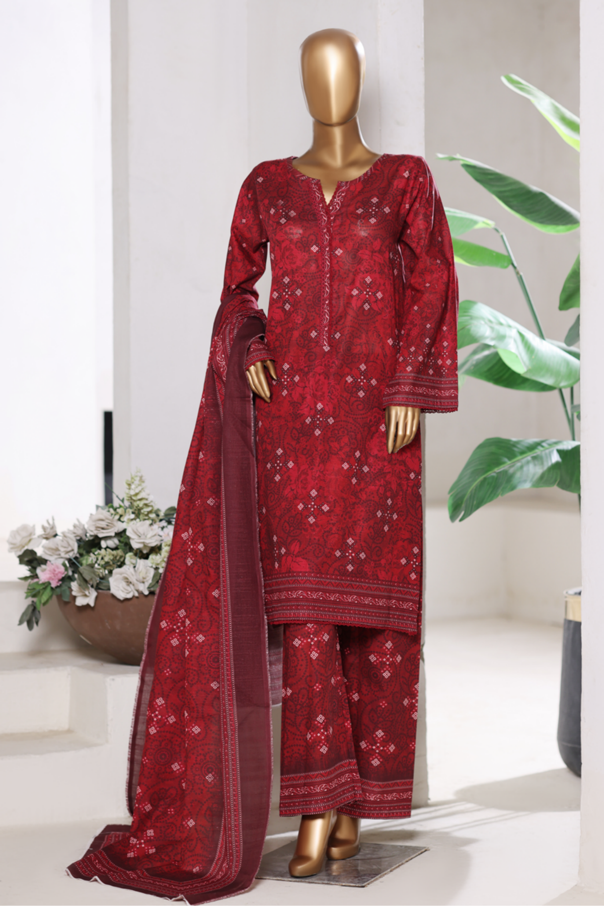 Bin Saeed Stitched 3 Piece Exclusive Printed Khaddar Vol-15 Collection'2025-WK-2668-dark red