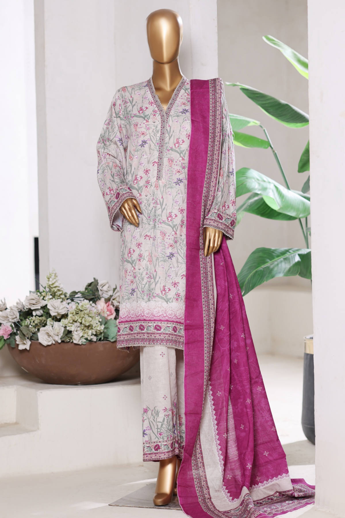 Bin Saeed Stitched 3 Piece Exclusive Printed Khaddar Vol-15 Collection'2025-WK-2669-pink