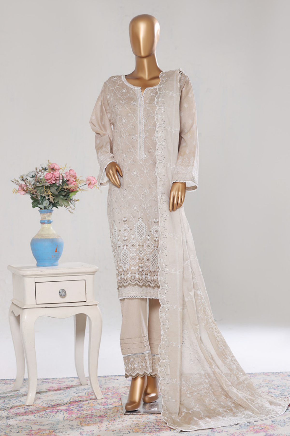 Bin Saeed Stitched 3 Piece Luxury White & White Emb Collection'2026-NSM-2574