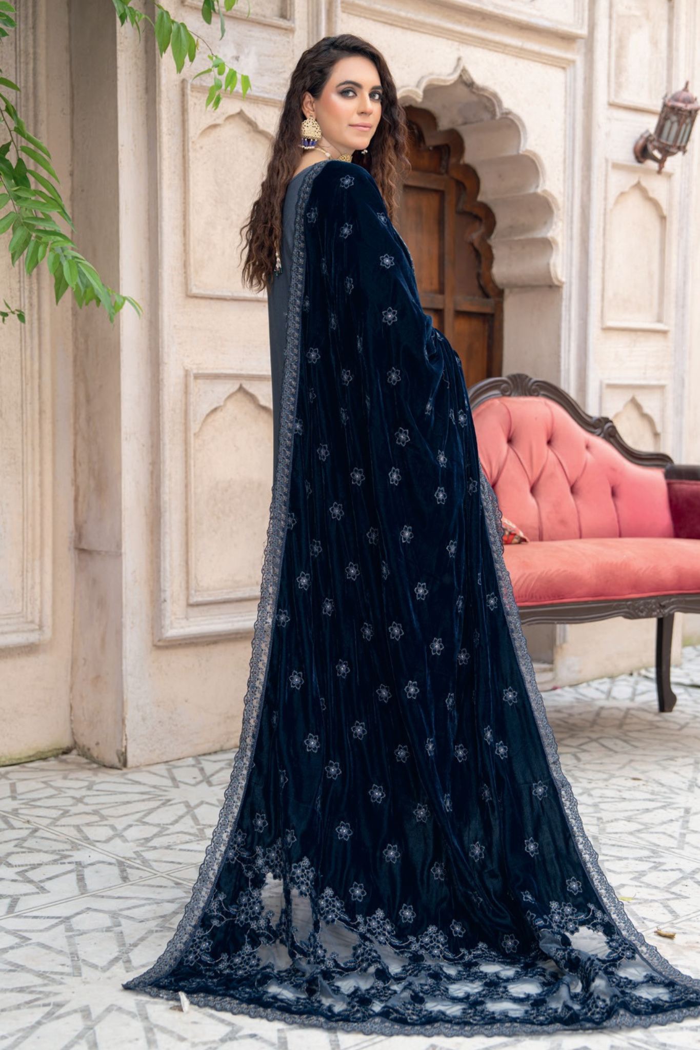 Premium Peach Collection Embroidered Shirt With Embroidered Micro Velvet Shawl D-03