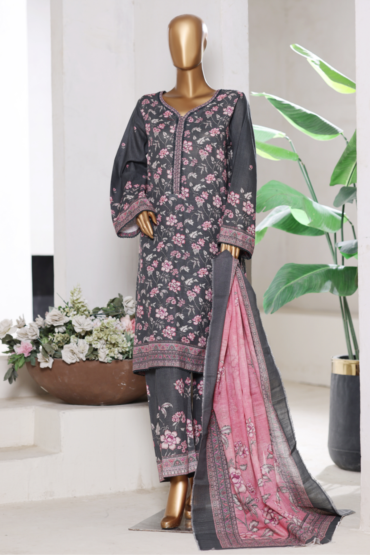 Bin Saeed Stitched 3 Piece Exclusive Printed Khaddar Vol-15 Collection'2025-WK-2671-GREY